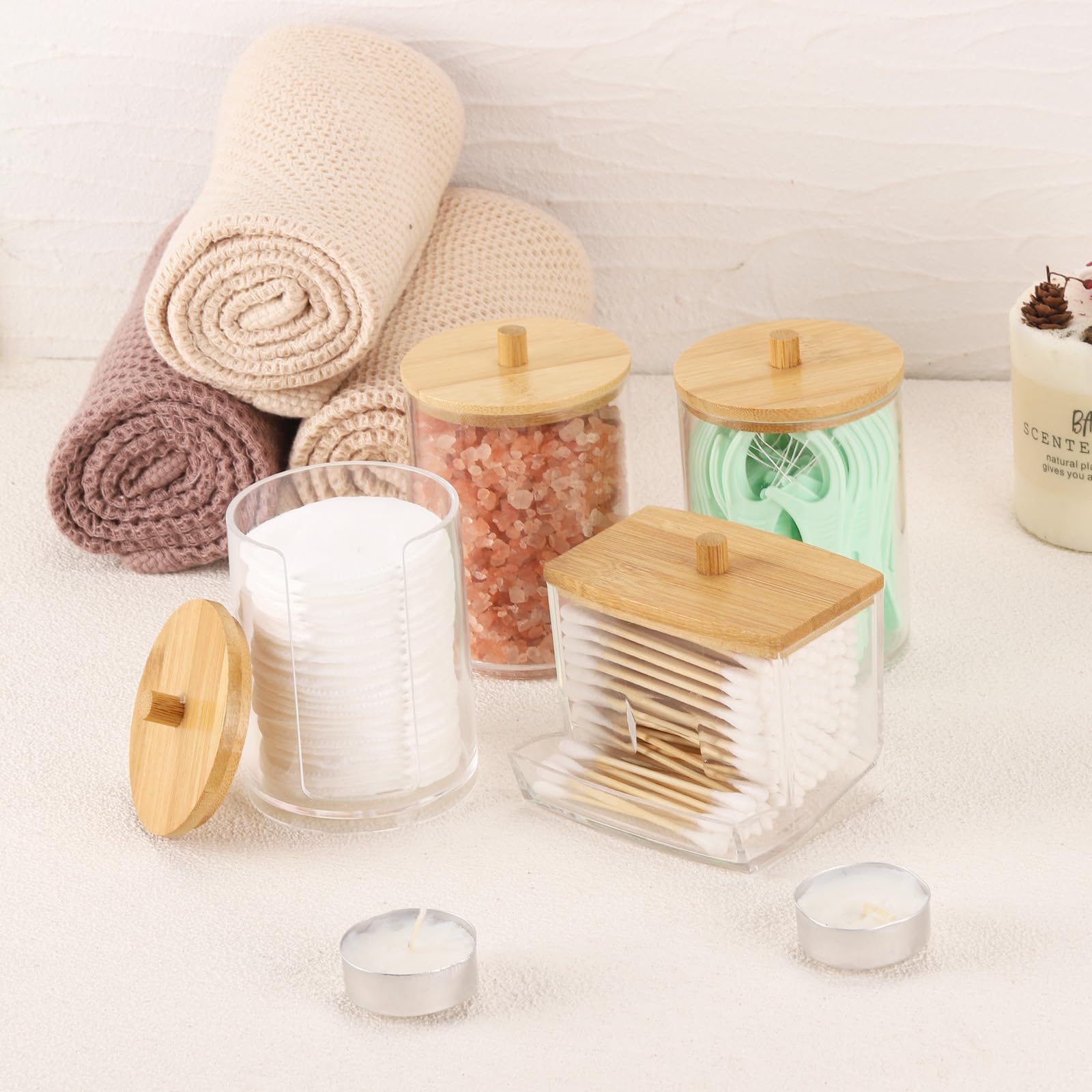 Tbestmax 4 Pack Qtip Holder Bathroom Container, 10/7Oz Cotton Ball Cotton Swabs Pads Dispenser, Apothecary Jar With Bamboo Lids