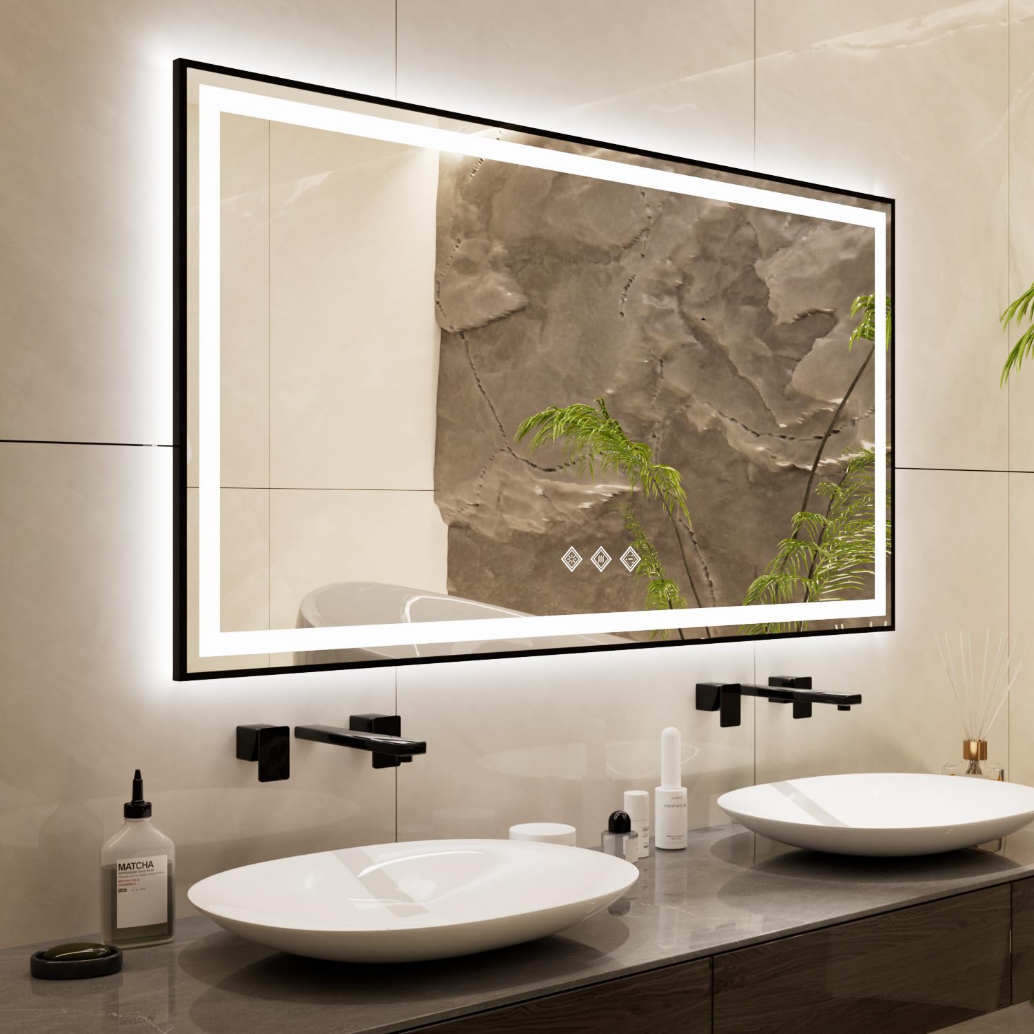 Vanpokins Led Mirror For Bathroom, 60X32 Inch Black Framed Gradient Front And Backlit Lighted Mirror, 3 Colors Dimmable Cri>90,