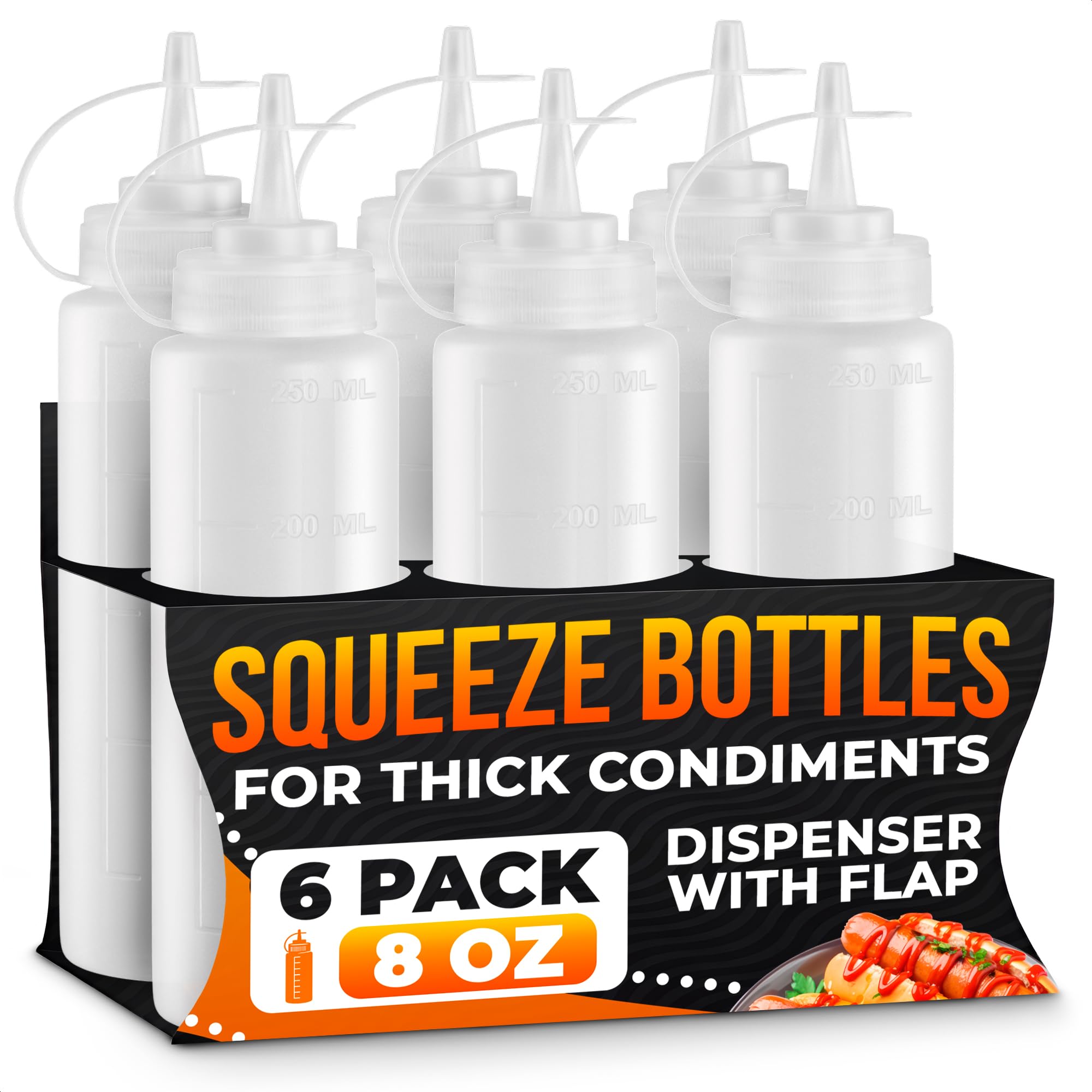 6-Pack Plastic Condiment Squeeze Bottles 8oz - Refillable Squirt Bottles with Narrow Tip, Leak-Resistant | Great for Oil, Sauces