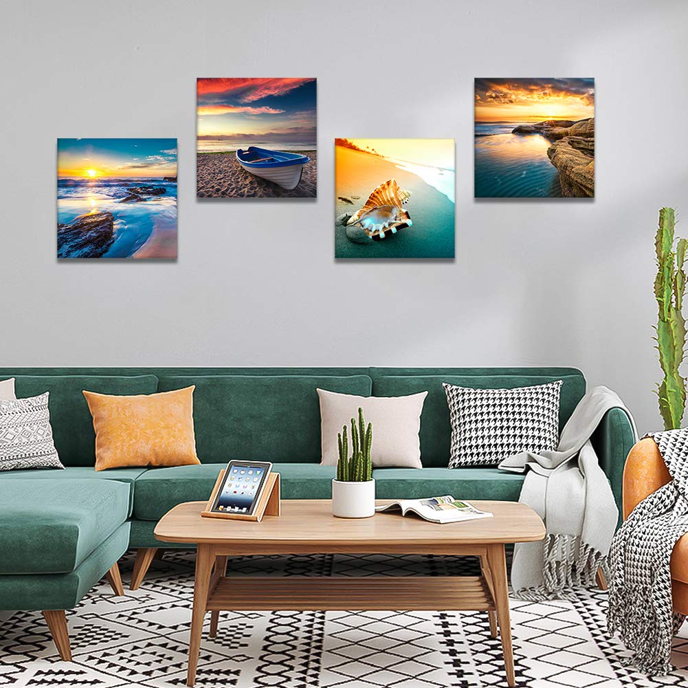 Artscope 4 Pieces Canvas Prints Wall Art - Sunset Seaside Scenery Picture Painting- Modern Wall Artwork Framed For Bathroom Home