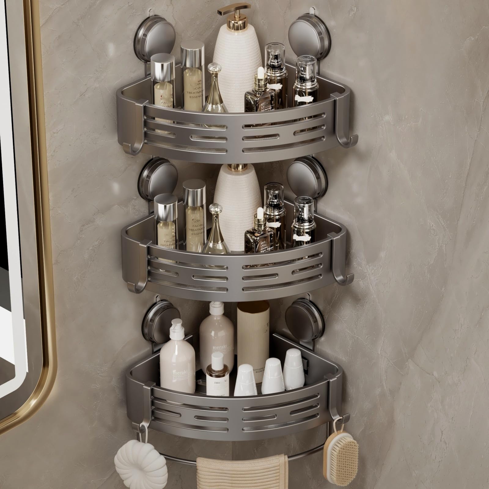 VOLPONE Corner Shower Shelf Suction Cup Shower Caddy Corner No Drilling Bathroom Shower Organizer Storage Rack Adhesive with Tow
