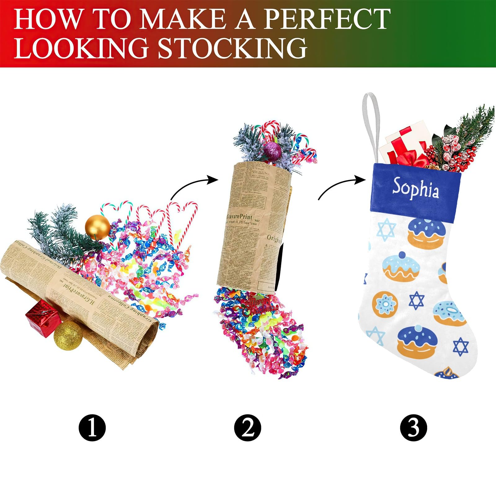 SunFancyCustom Hanukkah Donut Pattern Christmas Stockings Personalized Holiday Xmas Party Gift Bag Socks Home Decor 17.52 x 7.87