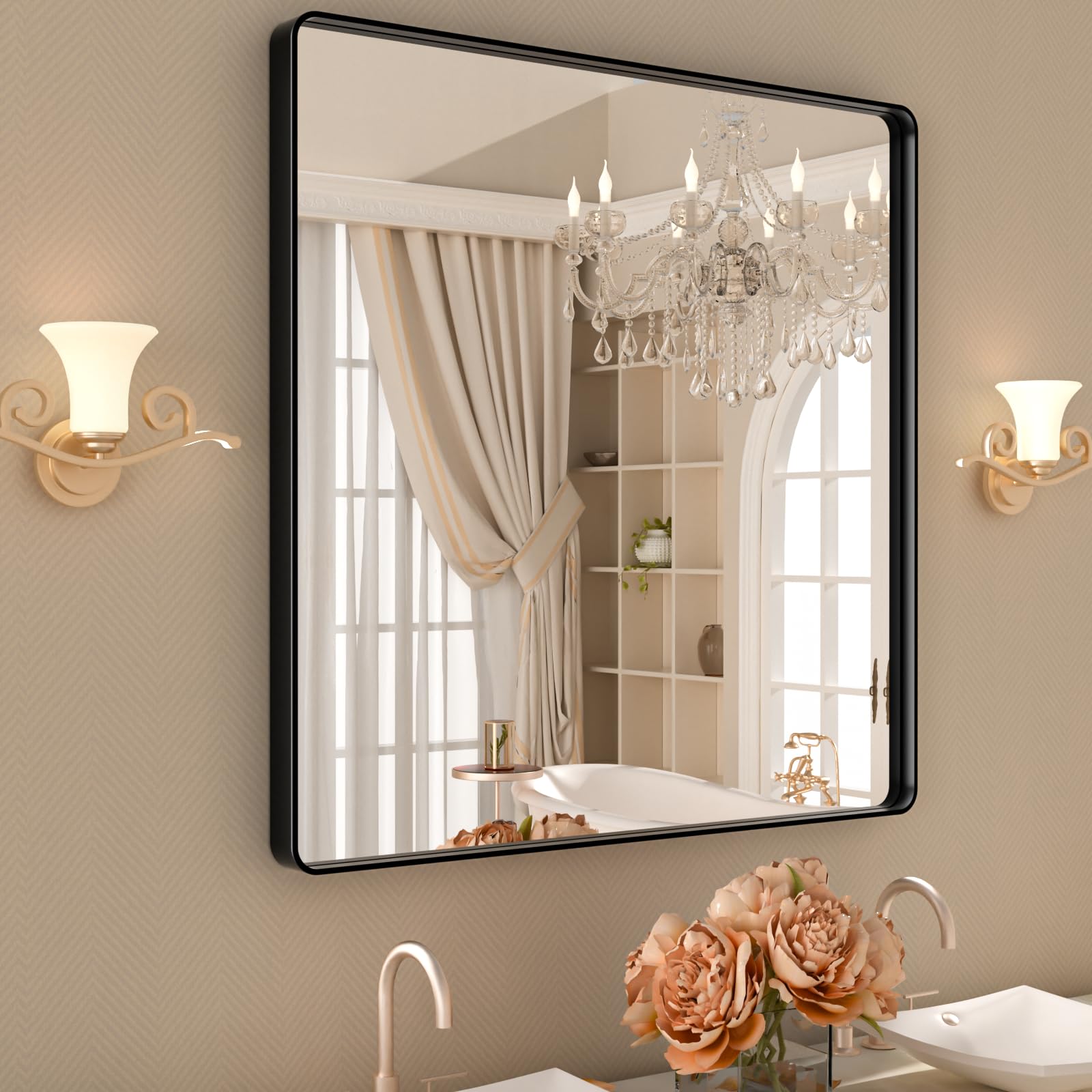 Istripmf 36X36 Inch Black Bathroom Mirror,Rectangle Matte Black Bathroom Vanity Mirror For Wall,Tempered Glass,Round Corner Blac