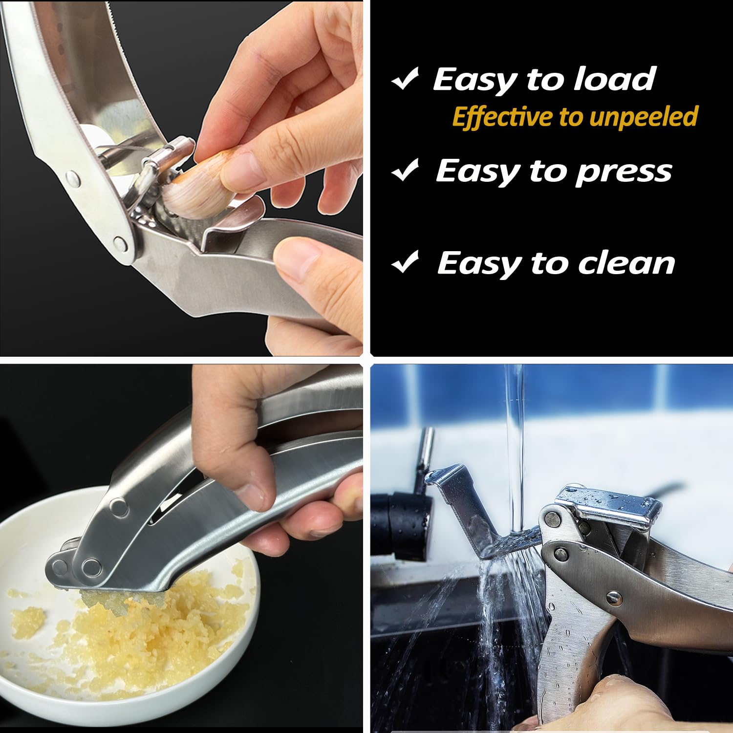 Vovoly Premium Garlic Press Stainless Steel, No Need To Peel Garlic Presser, Heavy Duty Professional Grade Double Lever-Assisted