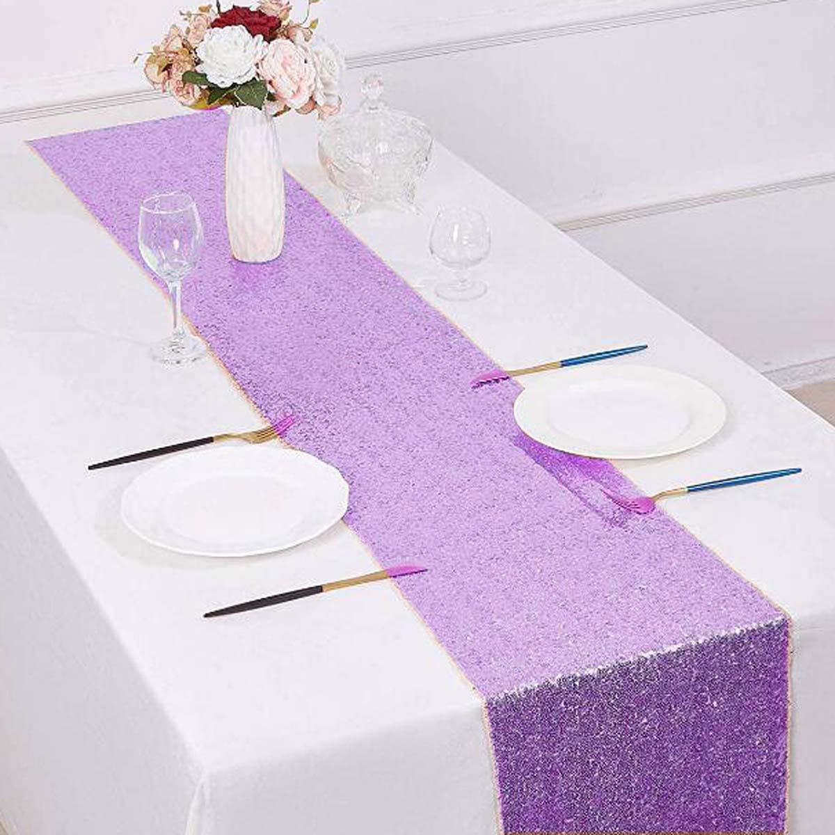 Lqiao Lavender Table Runner Glitter Sequin Table Runner 12X108 Inches For Bridal Baby Shower Girls Birthday Party Sweetheart Tab