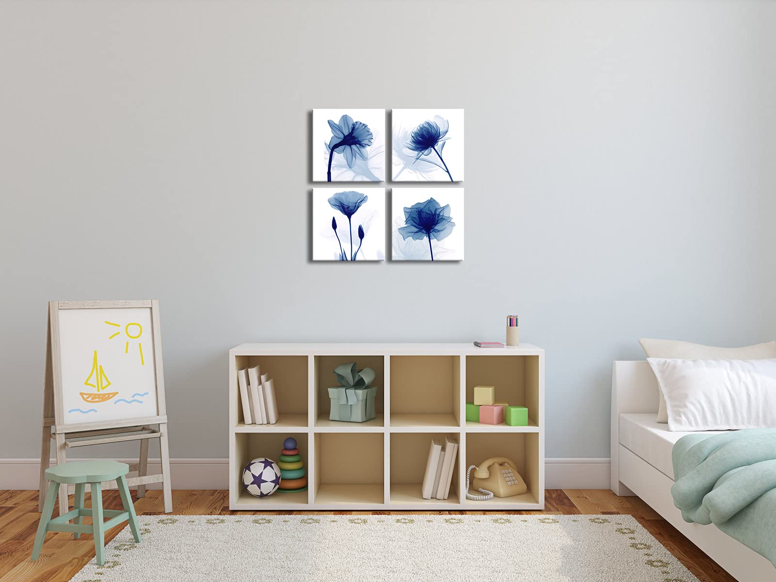 Pyradecor Blue Flickering Flower Modern Abstract Paintings Canvas Wall Art Gallery Wrapped Grace Floral Pictures On Canvas Print