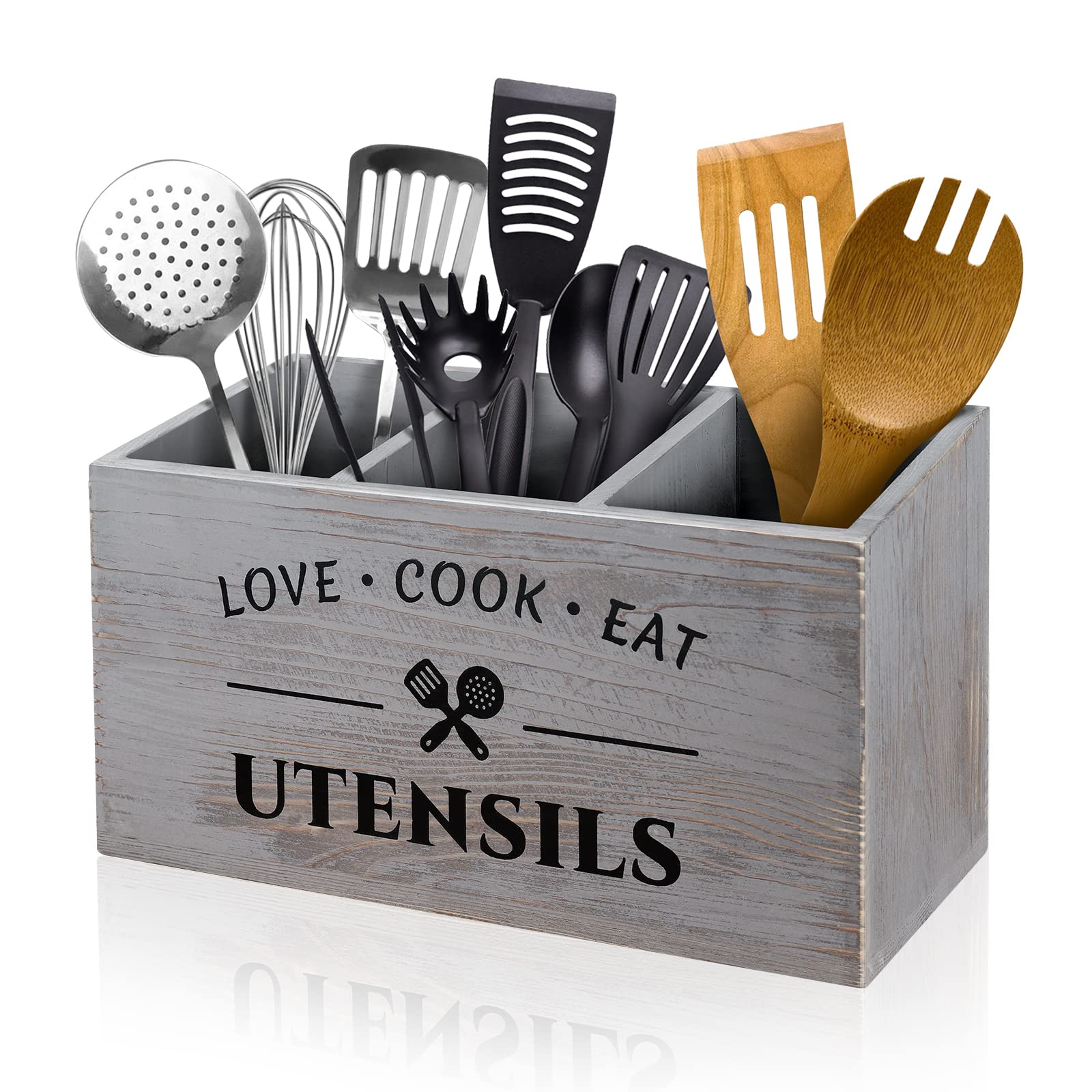 MINCORD Utensil Holder with 3 Compartments, Rustic Wood Utensil Caddy Crocks for Kitchen Counter, Farmhouse Flatware Organizer S
