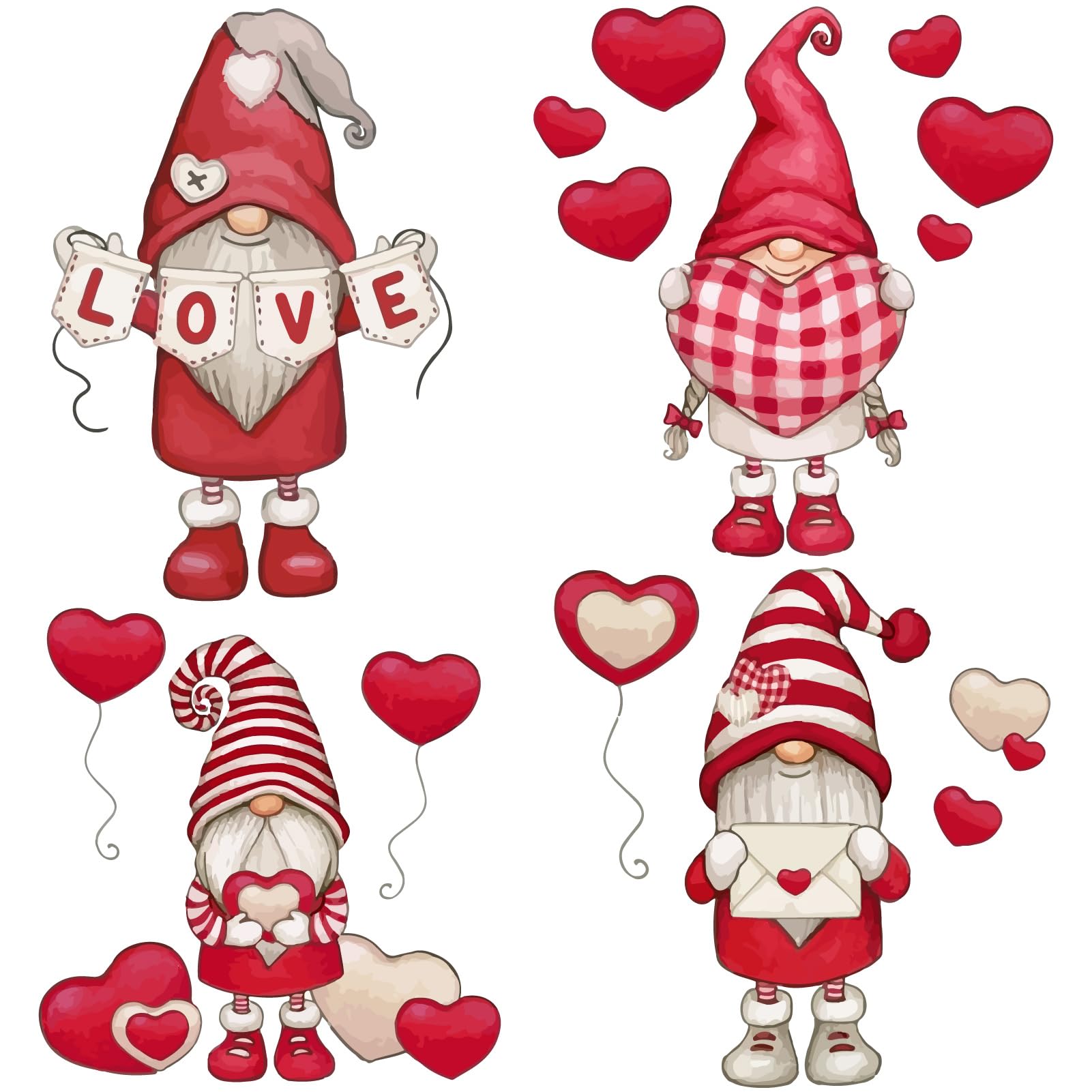 GORGECRAFT 4PCS Valentines Day Window Cling Cute Gnome Dwarf Love Heart Waterproof Static Glass Sliding Door Sticker Clings Dec