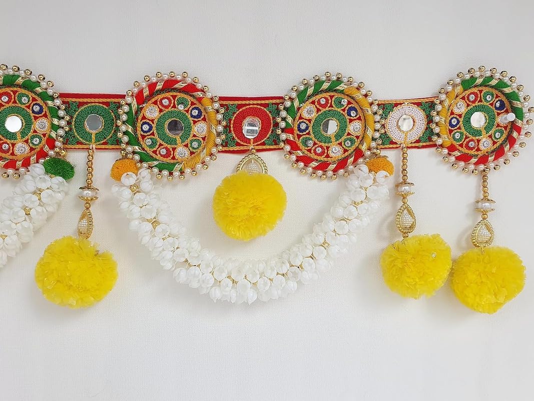 Divyakosh Toran/Bandanwar for Home Decoration and Office, Round Embroidery Work and Pom Pom Mogra Flower Toran Traditional Decor