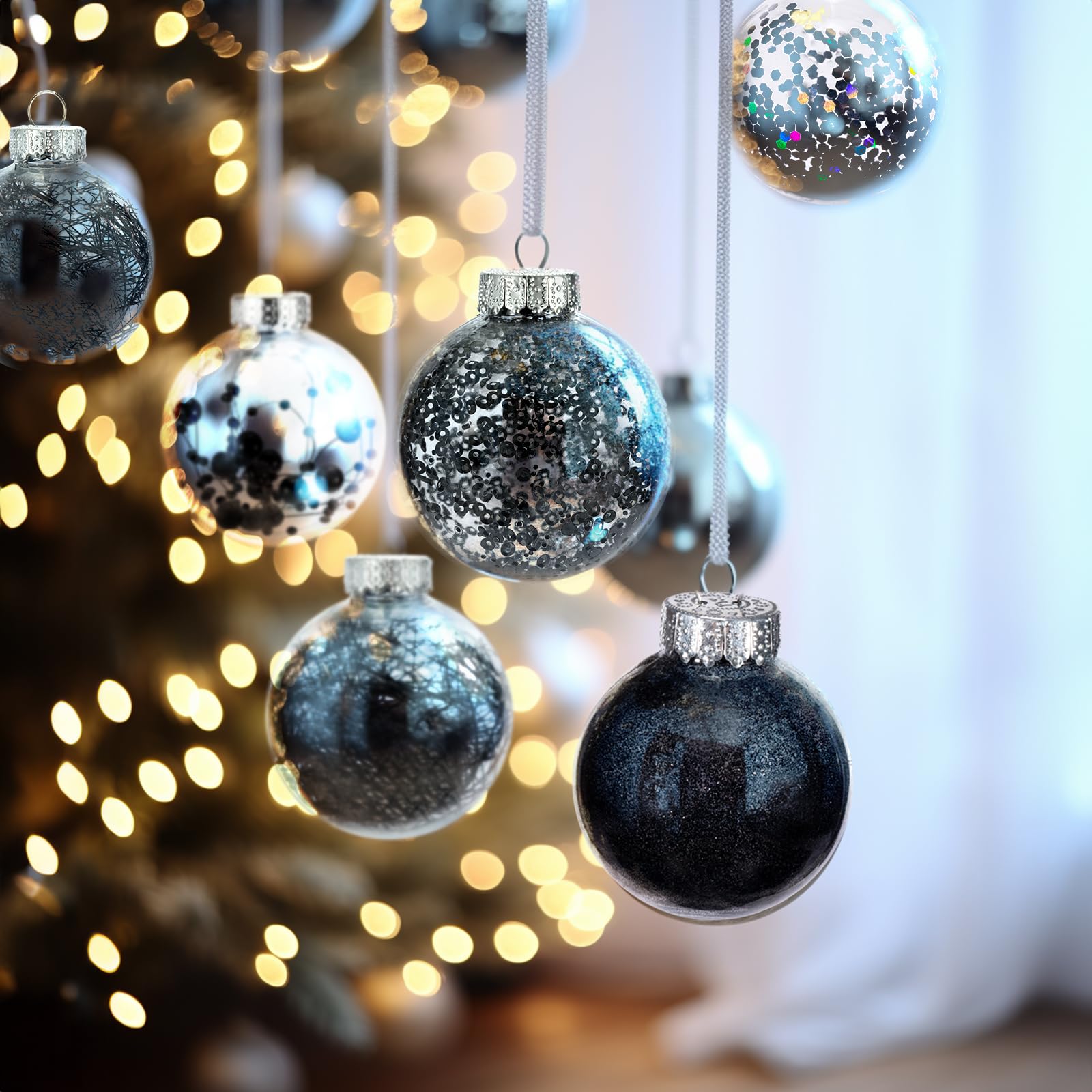 Luxtea 24ct Shatterproof Clear Christmas Ball Ornaments Decorative Xmas Baubles Delicate Balls Decorations (2.36''/60mm,Black)