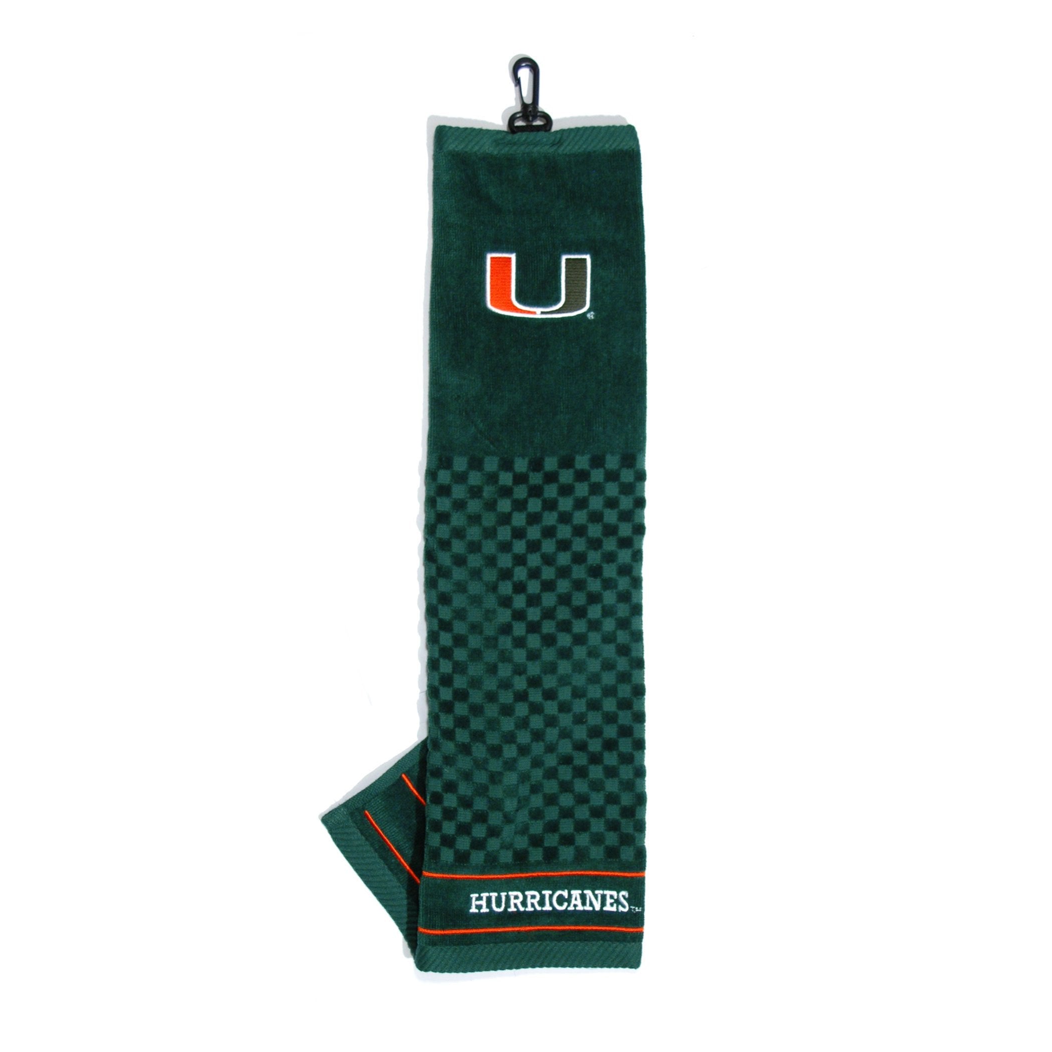 Team Golf Ncaa Miami Hurricanes Embroidered Golf Towel Embroidered Golf Towel, Checkered Scrubber Design, Embroidered Logo
