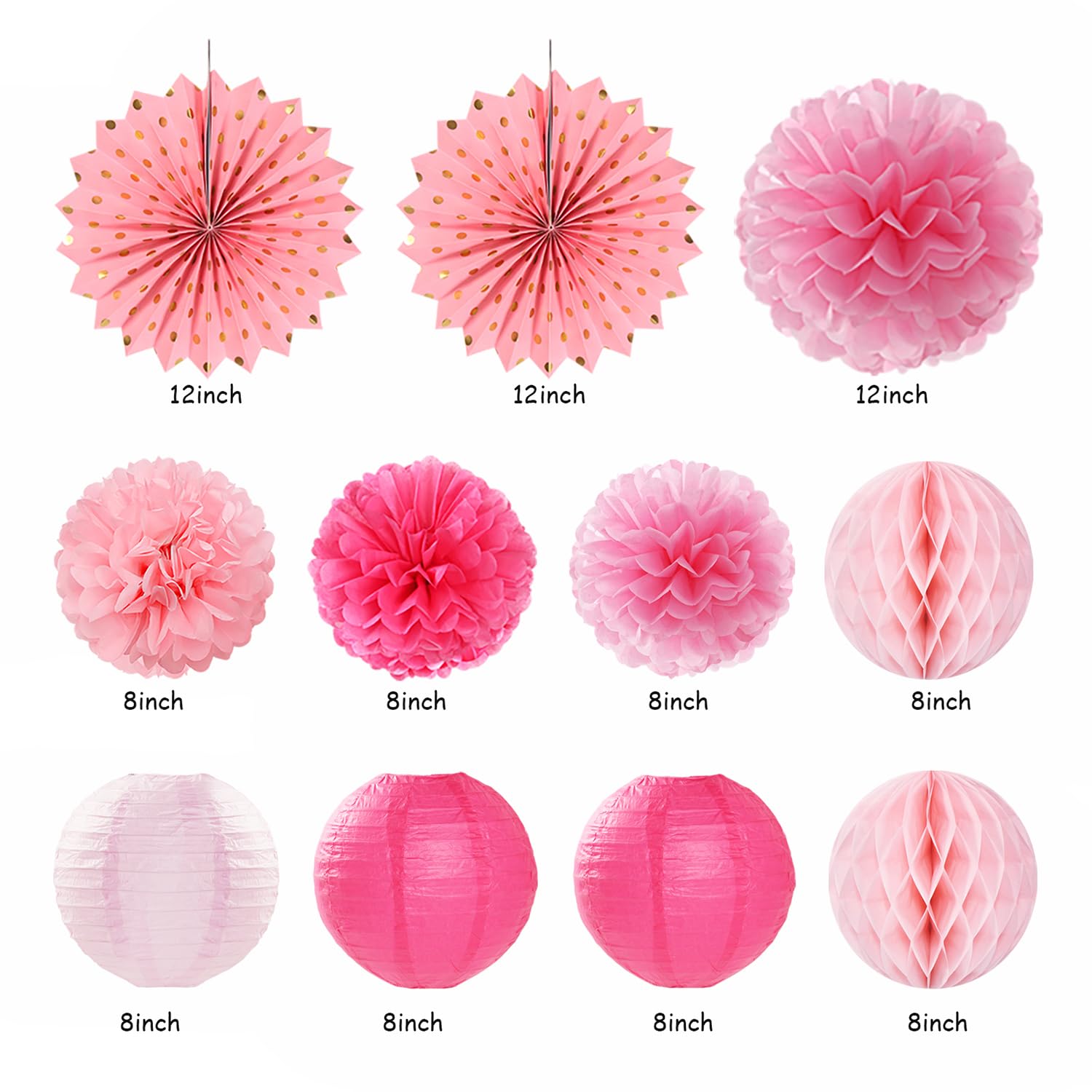 Light Hot Pink Birthday Party-Decorations - 21Pcs Girl Happy Banner,Paper Lanterns Honeycomb,Tissue Pom Poms Flower Fan,Hanging