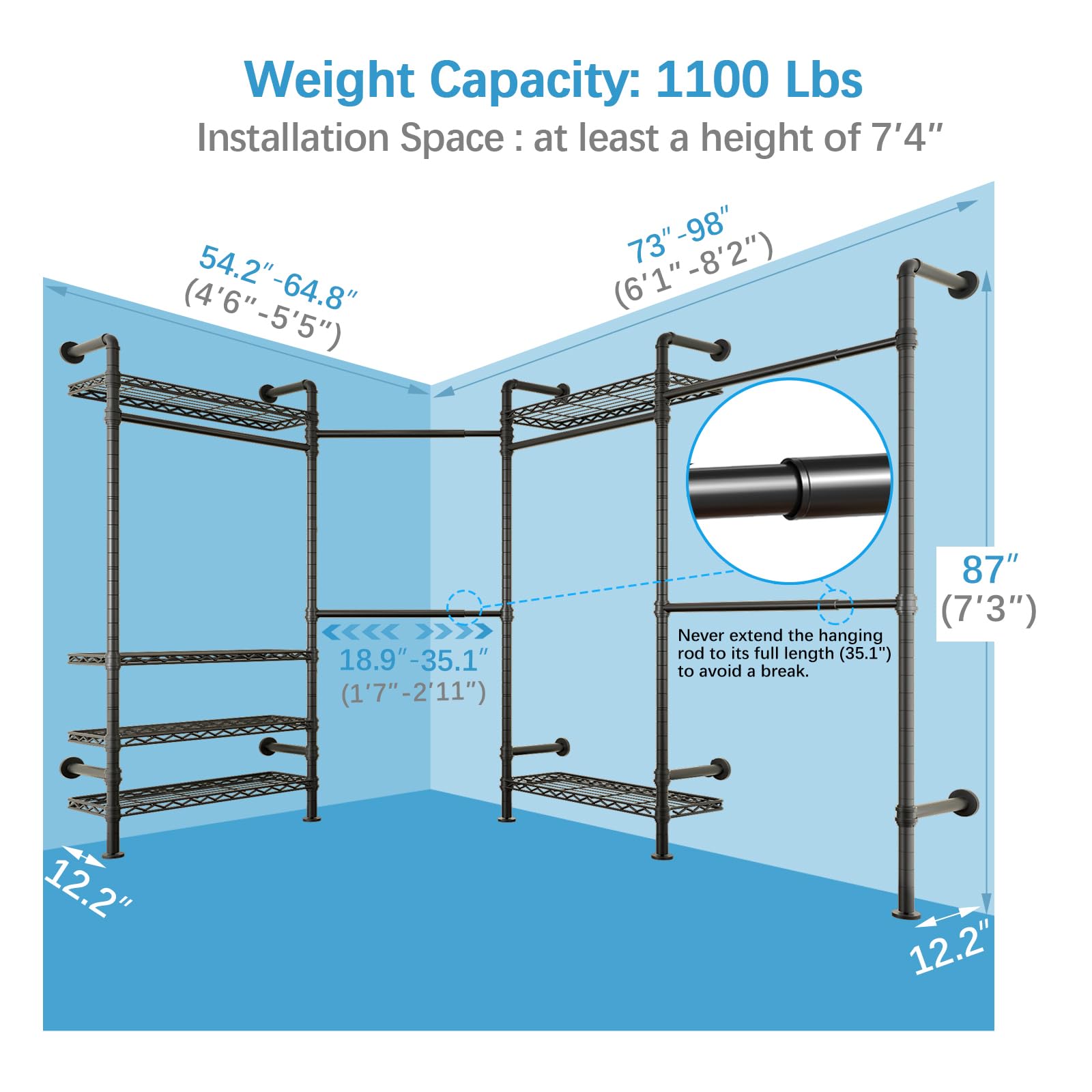 Timate L4 L Shape Garment Rack Heavy Duty Clothes Rack For Hanging Clothes, Expandable Industrial Pipe Clothing Rack, Wall Mount