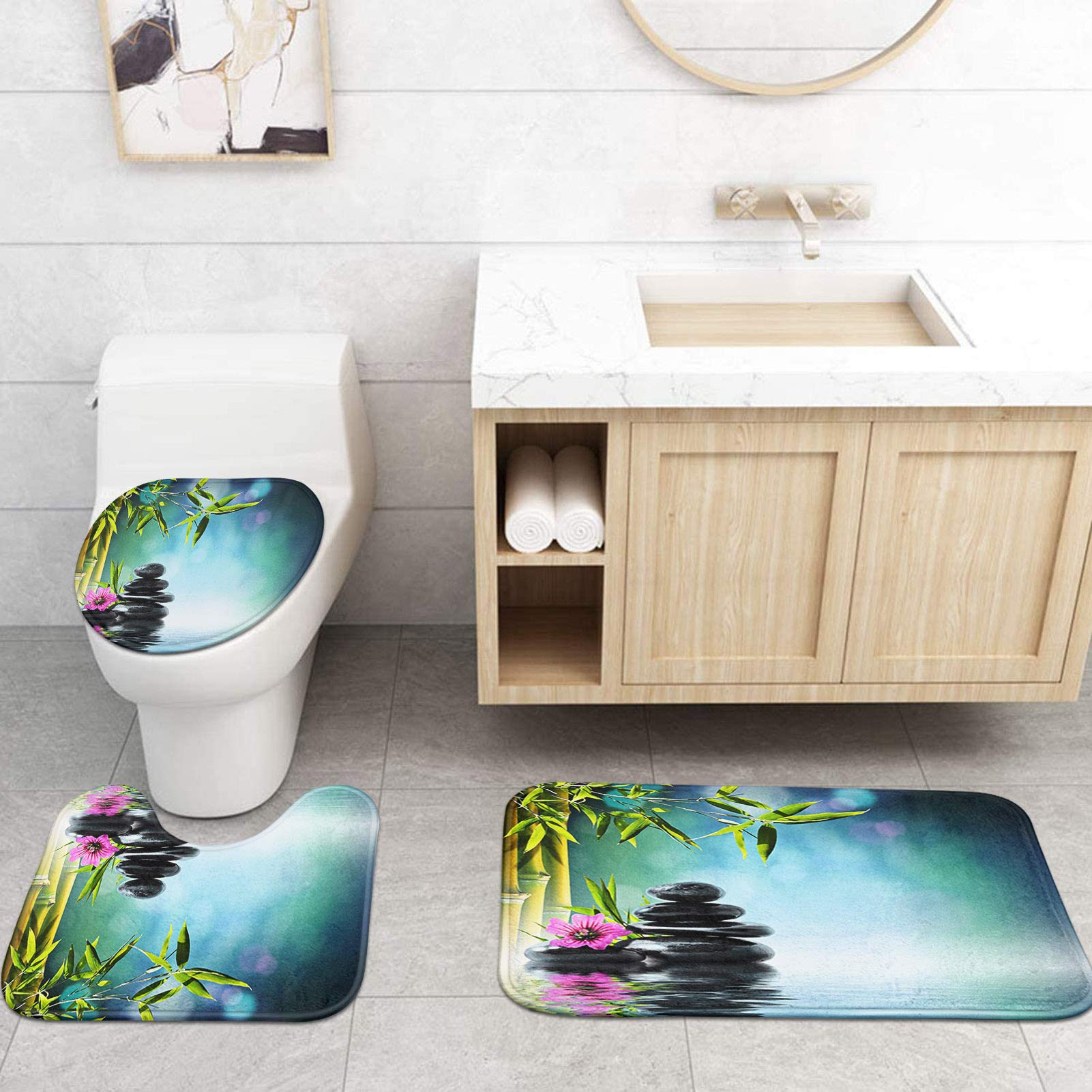 Artsocket 4 Pcs Shower Curtain Set Tower Black Stone Hibiscus Bamboo Water Beautiful Flora With Non-Slip Rugs Toilet Lid Cover A