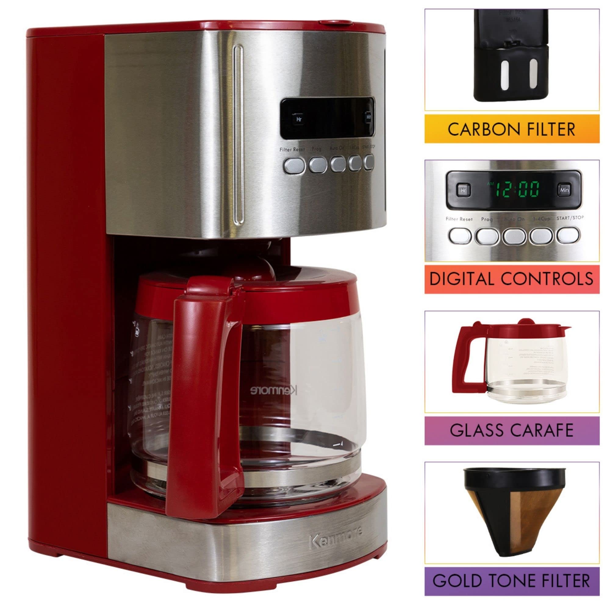 Kenmore Aroma Control 12-Cup Programmable Coffee Maker, Red And Stainless Steel Drip Coffee Machine, Glass Carafe, Reusable Filt