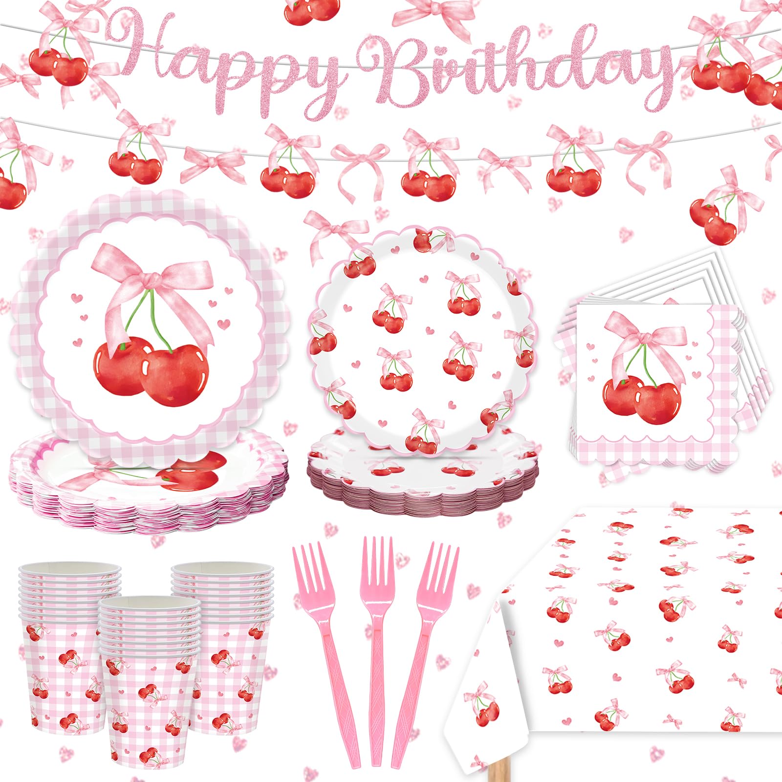 Cherry Birthday Decorations - Cherry Party Decorations Serves 24 Includes Cherry Paper Plates, Napkins, Cups, Forks, Tablecloth,