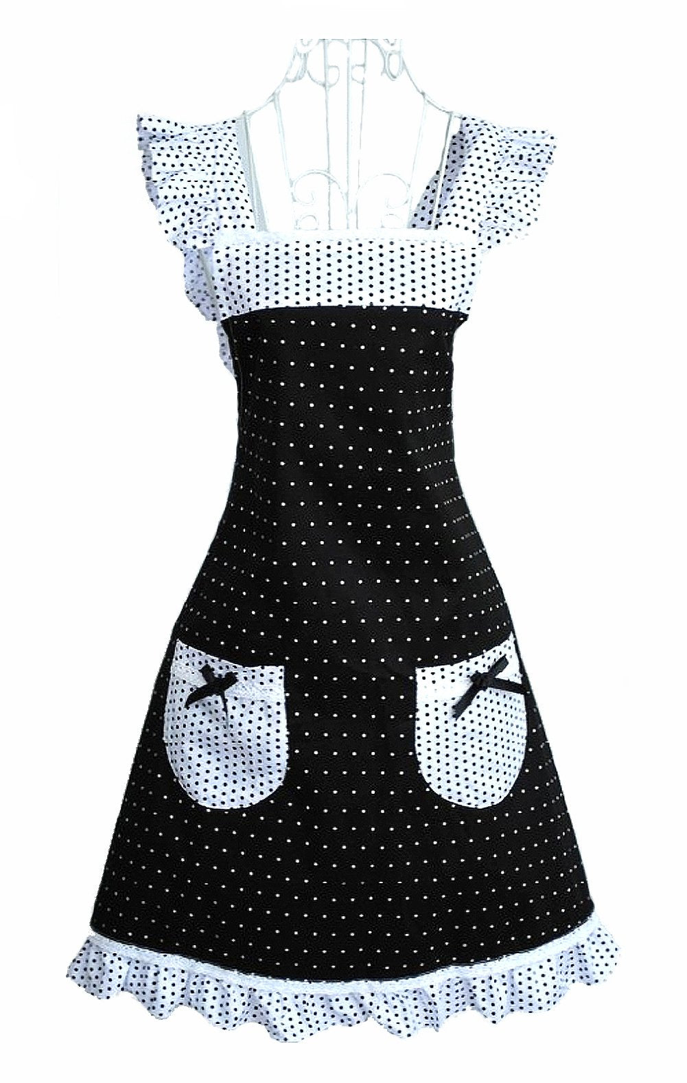 Hyzrz Princess Frill Lace Polka Dot Kitchen Cooking Aprons for Women with Pockets Cross Back