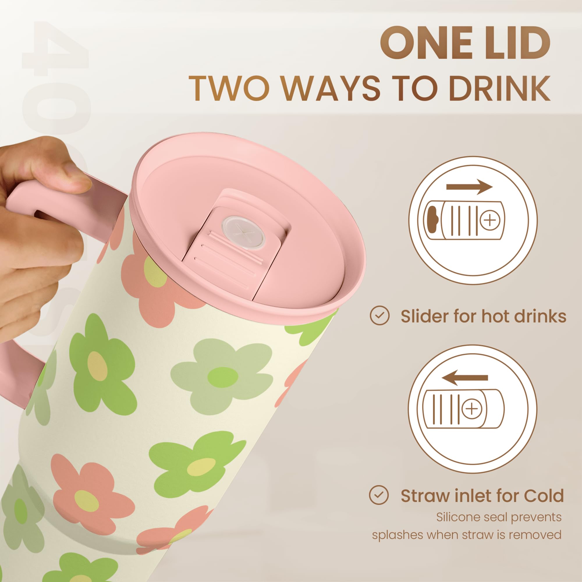 SANDJEST Daisy Tumbler with Handle 40oz, Floral Cup Stainless Steel Insulated Tumblers Coffee Travel Mug with Straw, Flower Cups