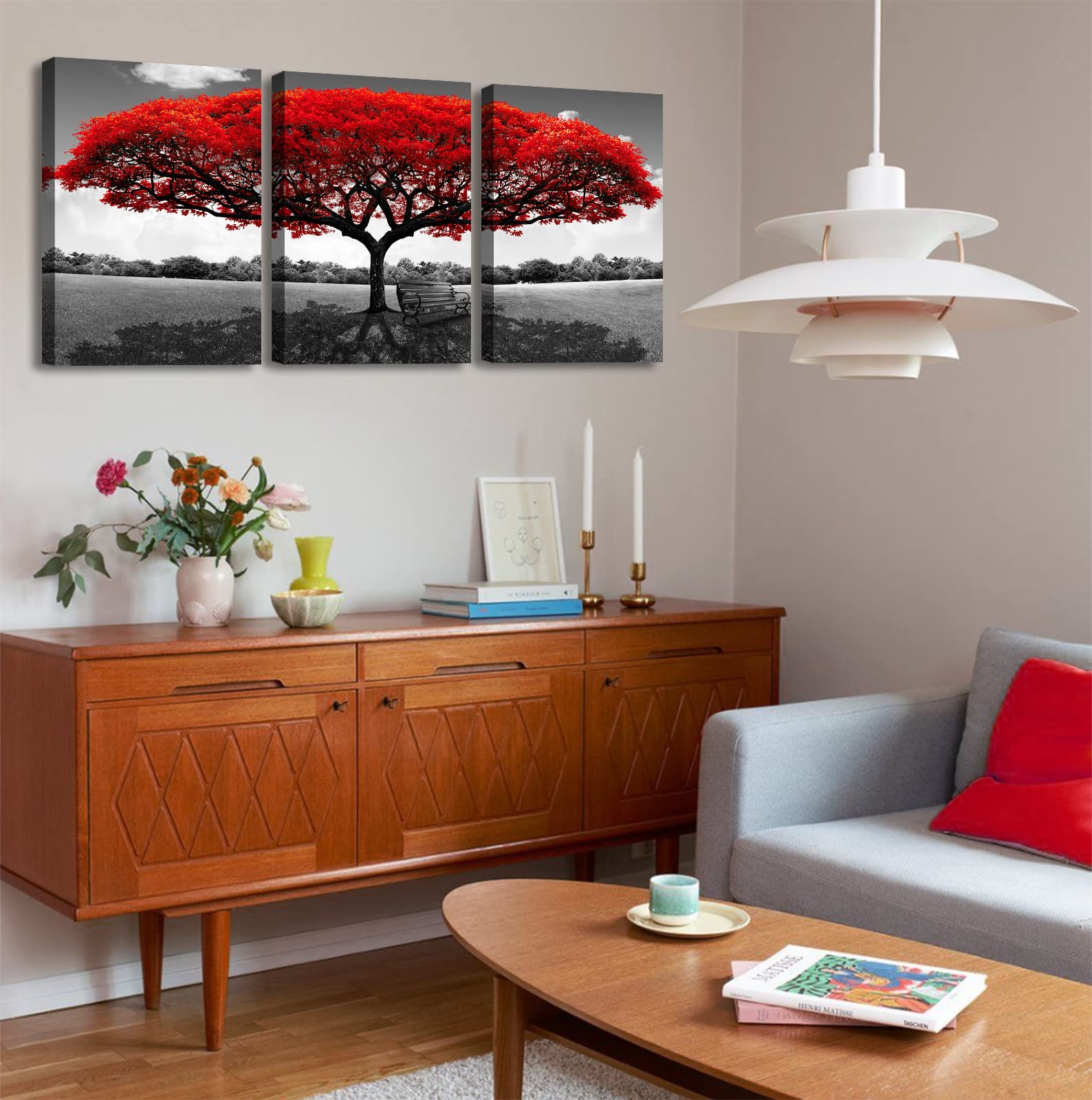 BLINFEIRU Red Tree Canvas Wall Art - Framed 12"x16"x3, Modern Nature Decor for Living Room and Bedroom, Wood Material