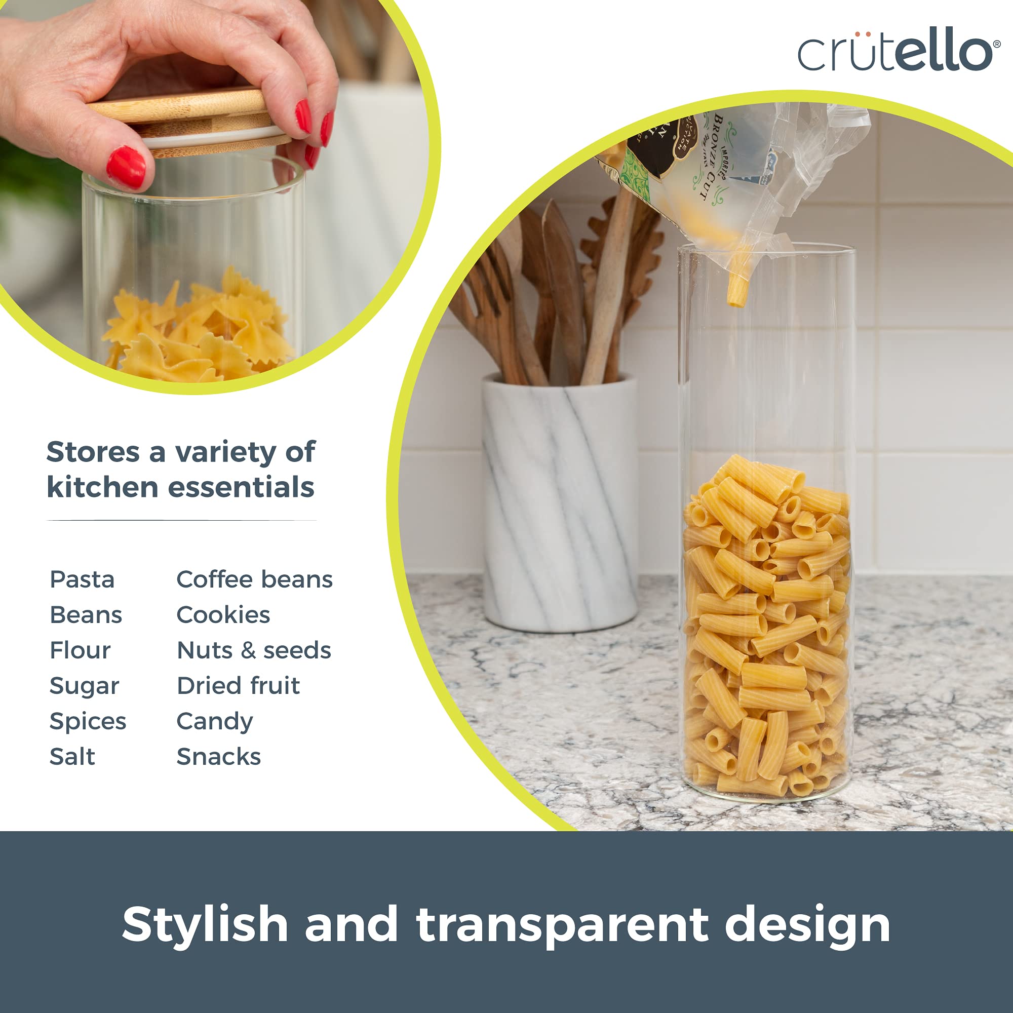 Crutello Glass Food Storage Containers With Bamboo Lids, 3 Pack - 72 Fluid Oz Airtight Clear Kitchen Organization Canisters - A