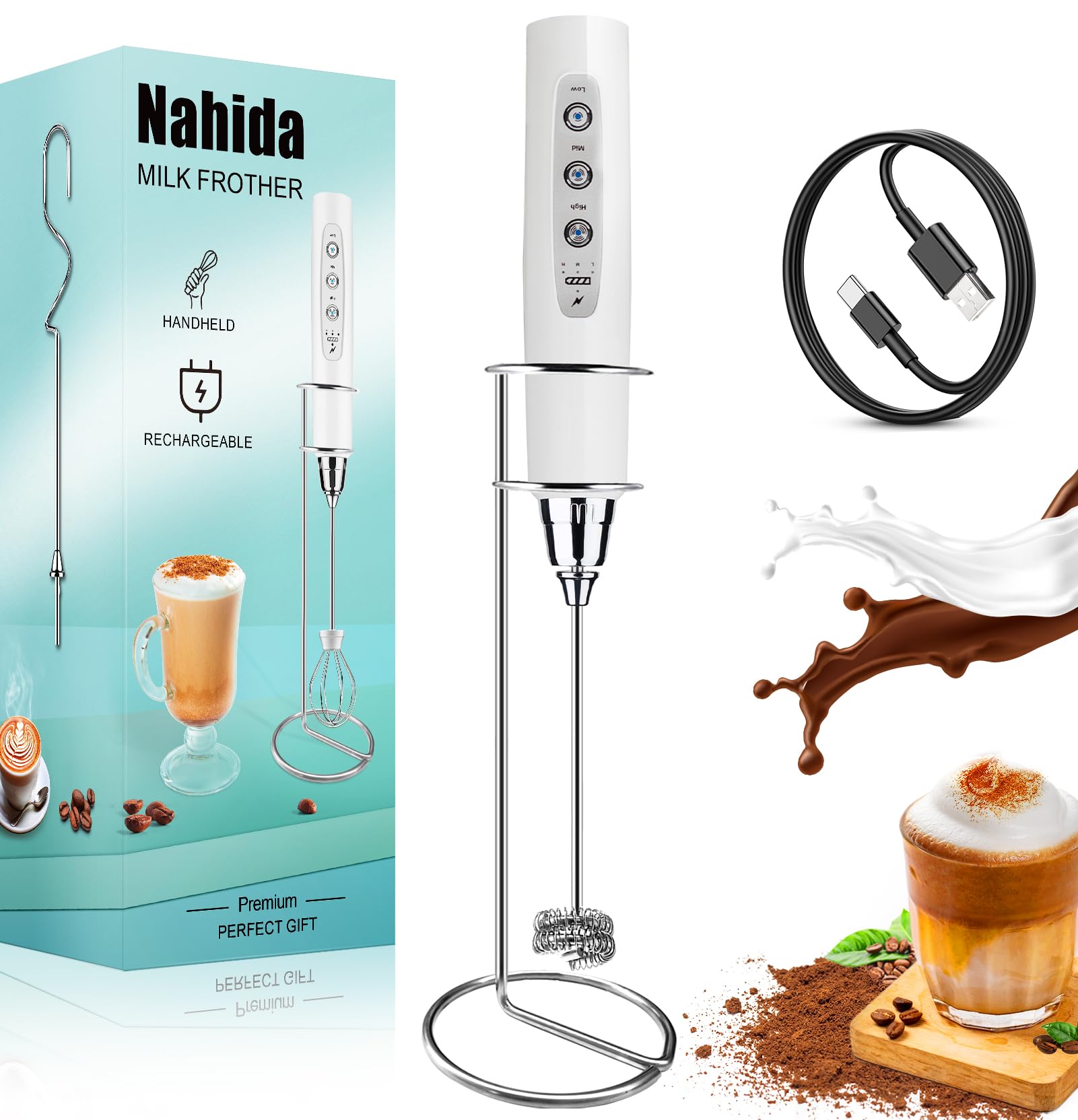 Nahida White Milk Frother Wand For Coffee, Frother Handheld With Stand Rechargeable Electric Whisk With 3 Heads 3 Speeds Drink M