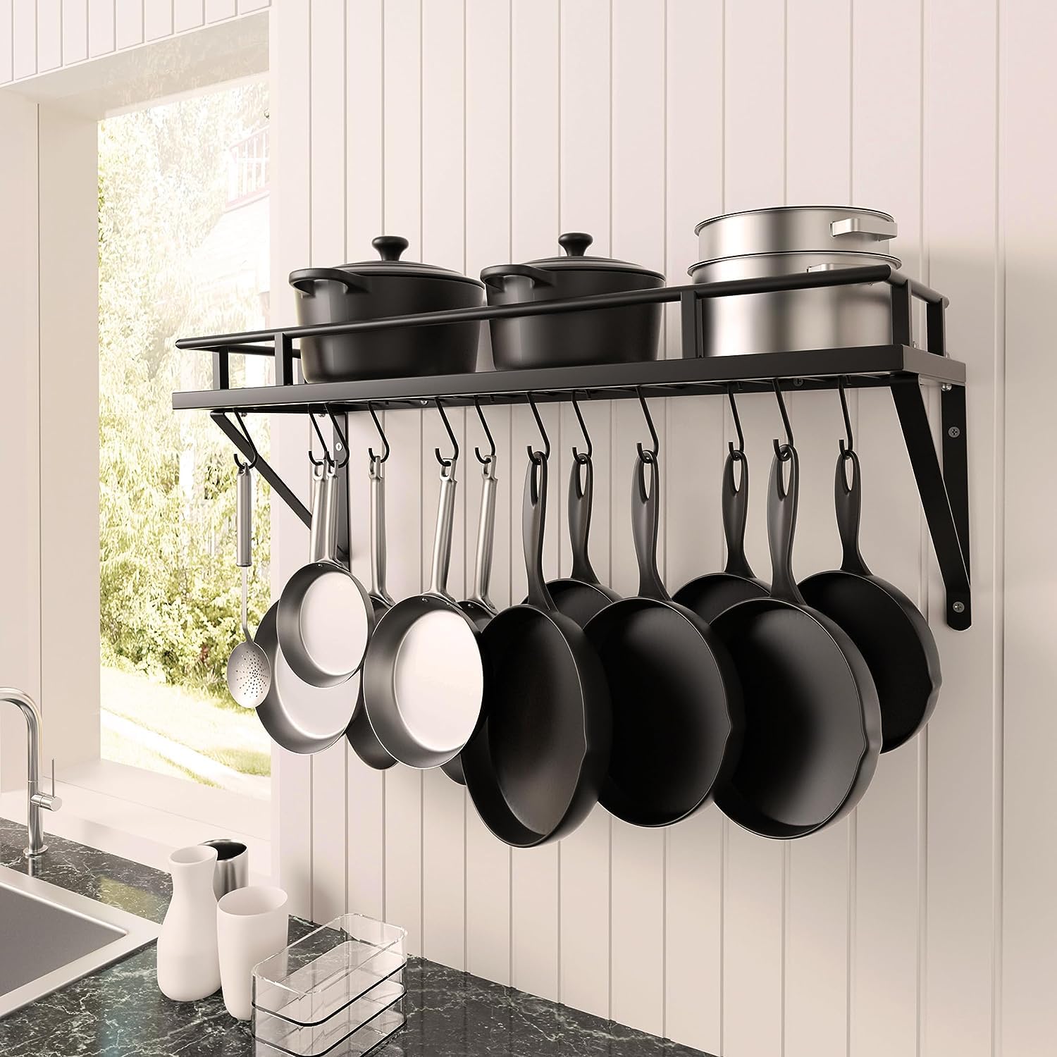 Craftykart Wall Mounted WroughtIron Storage Hanging Pots & Pan Rack/Shelf Organizer For Kitchen Cookware,Utensils,Pans,Books,Ba