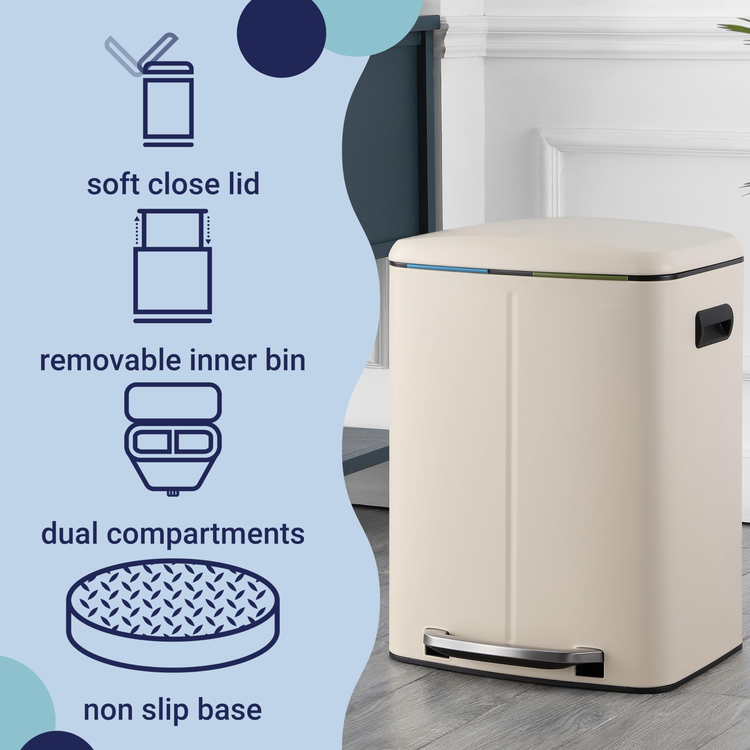 Happimess Hpm1005F Marco Rectangular 10.6-Gallon Double Bucket Trash Can With Soft-Close Lid, Fingerprint Resistant, Modern, Min