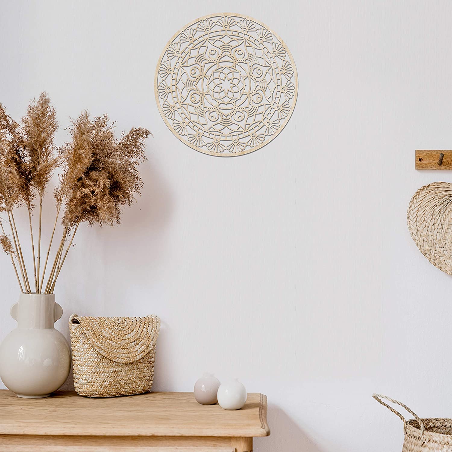 American-Elm Mandala Wooden Wall Art, Floral Oriental Design Petals Leaves, Birch Wood Plywood Rustic Wall Art Accent For Hallwa