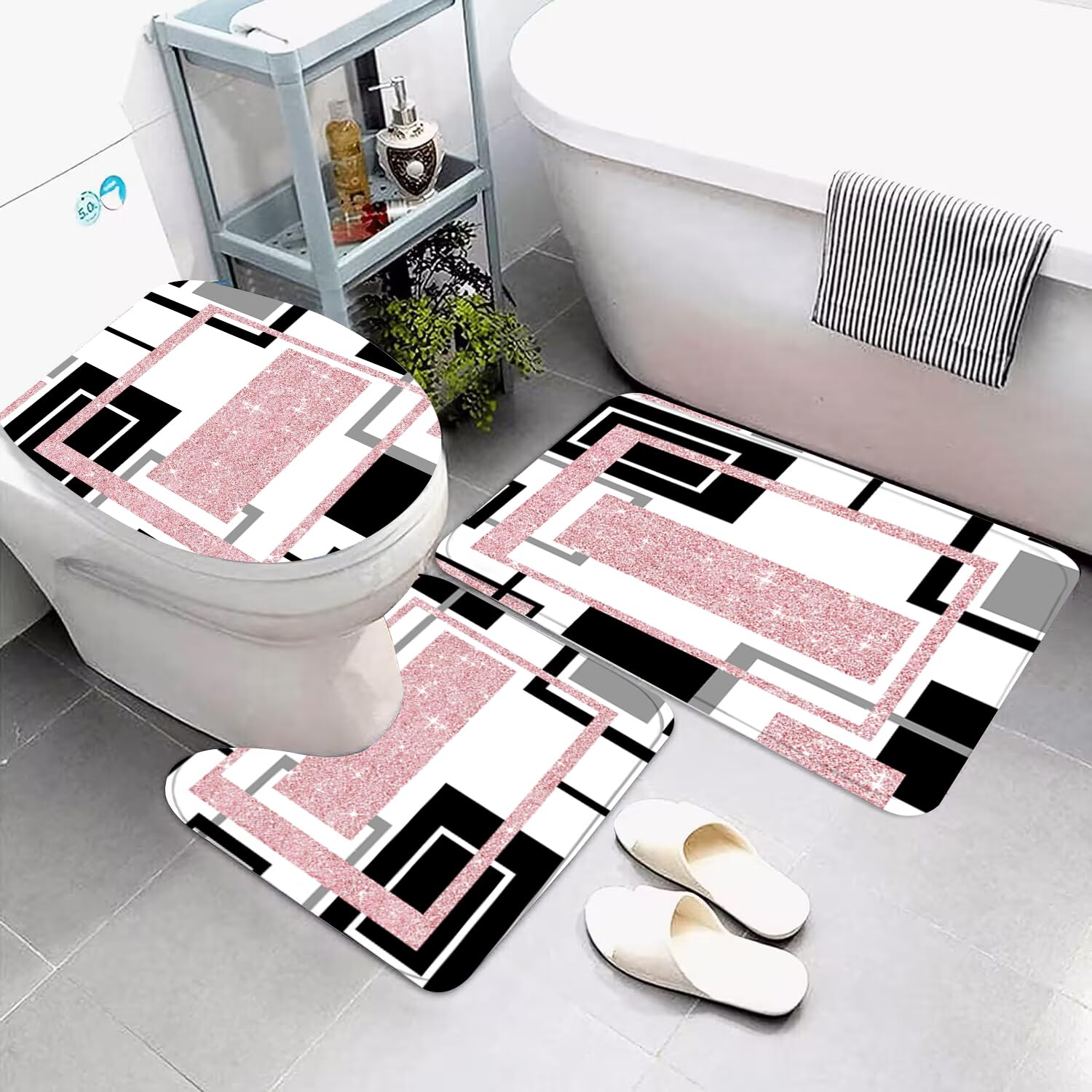 Yddsky 4 Pcs Pink Geometric Shower Curtain Sets Non-Slip Bath Rugs, Toilet Cover, U-Shaped Mat, Pink Geometric Modern Bathroom D
