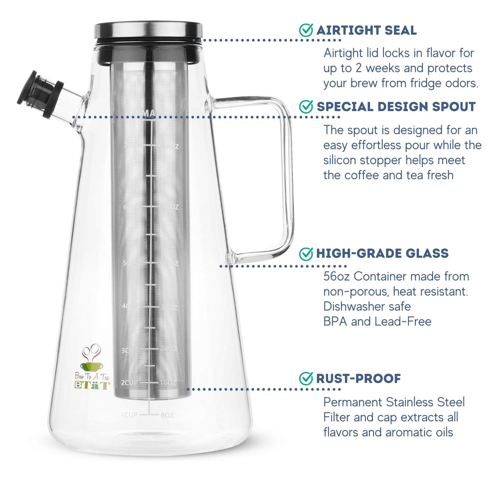 Btat- Cold Brew Coffee Maker, Iced Coffee Maker, 2 Liter, 2 Quart, 64 Oz, Iced Tea Maker, Cold Brew Maker, Tea Pitcher, Coffee A