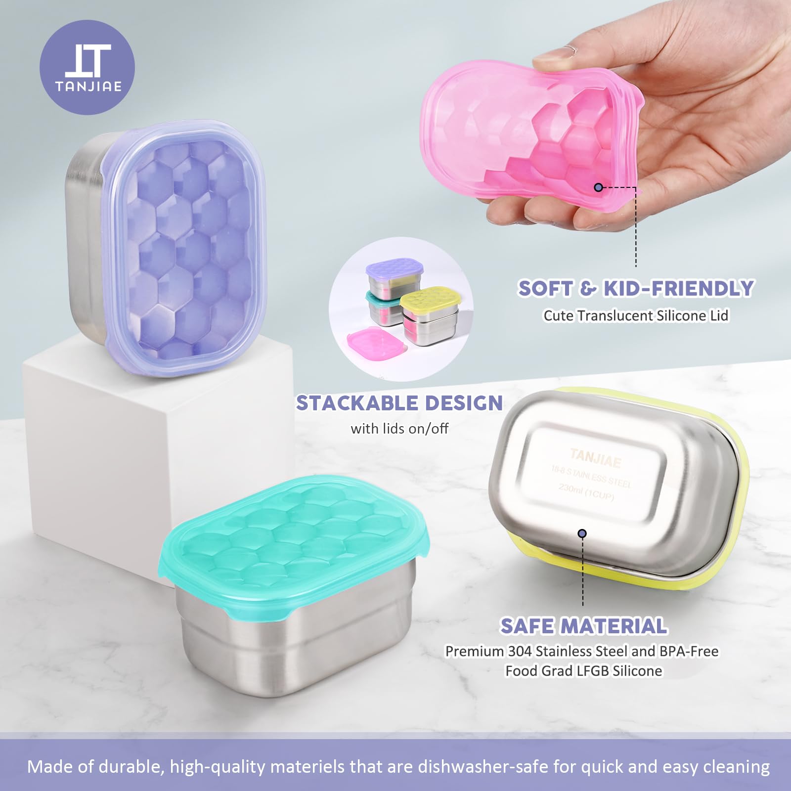 Tanjiae 4-Pack Stainless Steel Snack Containers For Kids And Toddlers | Easy Open Leak Proof Small Food Containers With Silicone