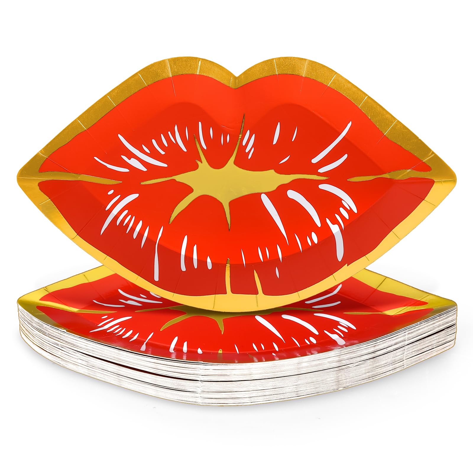 Jarthenaamcs 40Pcs Valentines Day Paper Plates Red Lips Shape Disposable Plates Gold Foil Border Decorative Tableware For Desser