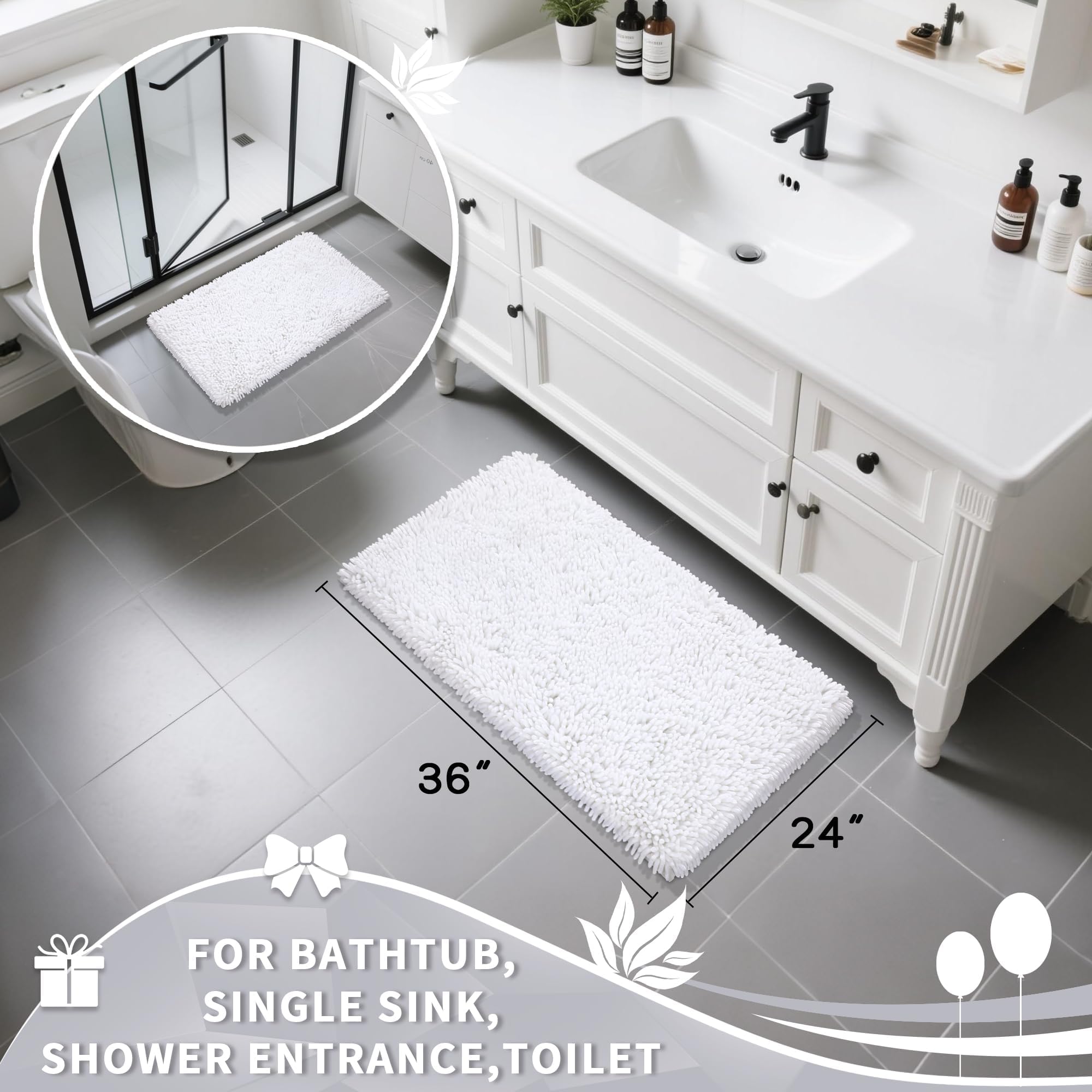Yimobra Original Shiny Chenille Bath Rug  Soft Shaggy  Premium Non-Slip Bath Mat  Large Size  Super Absorbent and Think  Machine Washable  Luxury Plush Mats for Bathroom (36.2 inch X24 inch  White)