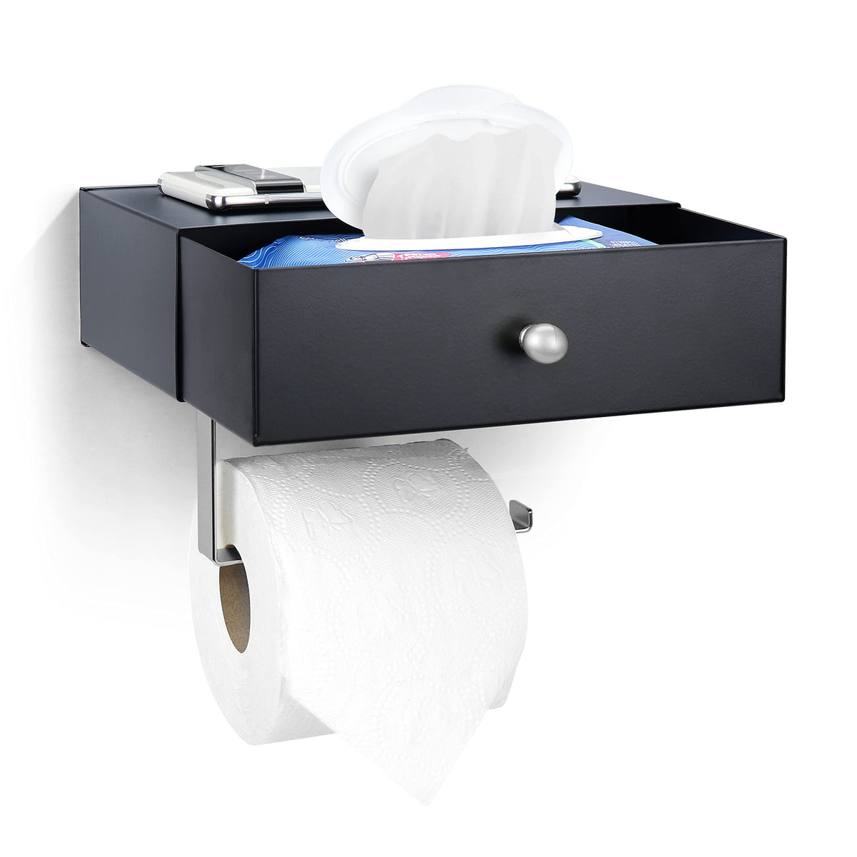 Atlas Home Toilet Paper Holder With Shelf - Flushable Wipes Dispenser & Storage Fits Any Bathroom, Keep Your Wet Wipes Hidden -