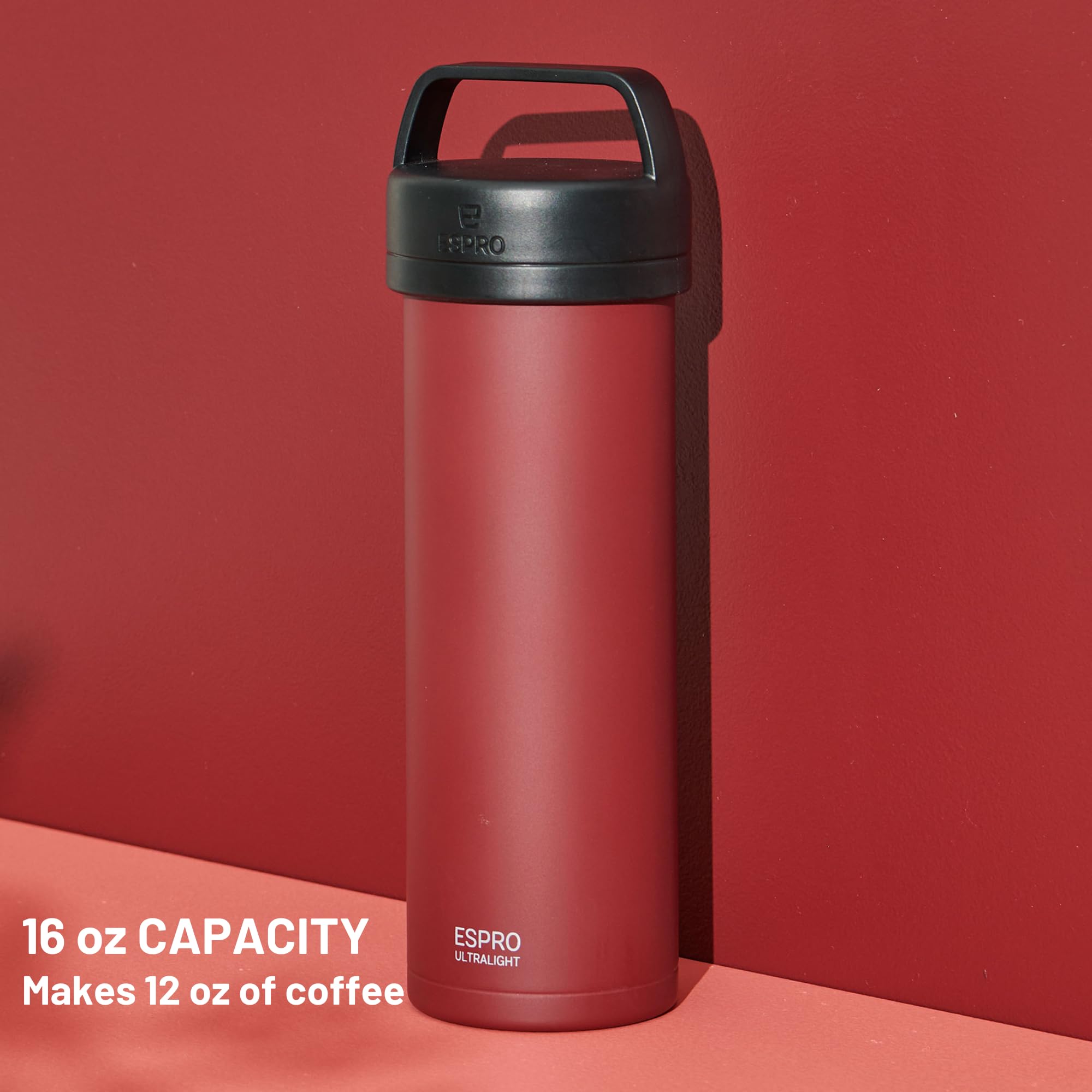 ESPRO P0 Ultralight French Coffee Press & Hydration Bottle, 16 oz, Stainless Steel, Vacuum Insulated, Cranberry
