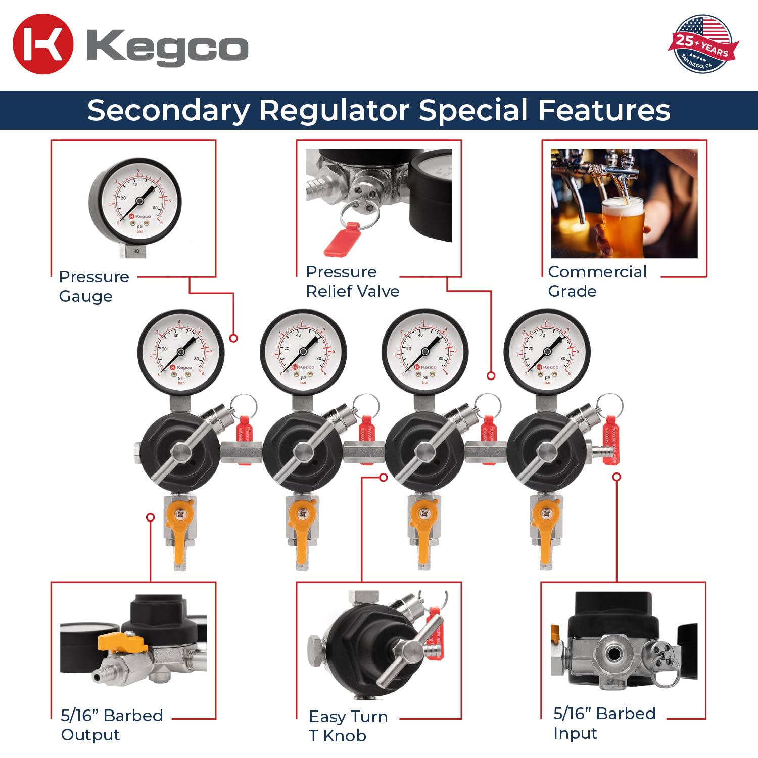 Kegco Secondary Regulator, Four Gauge