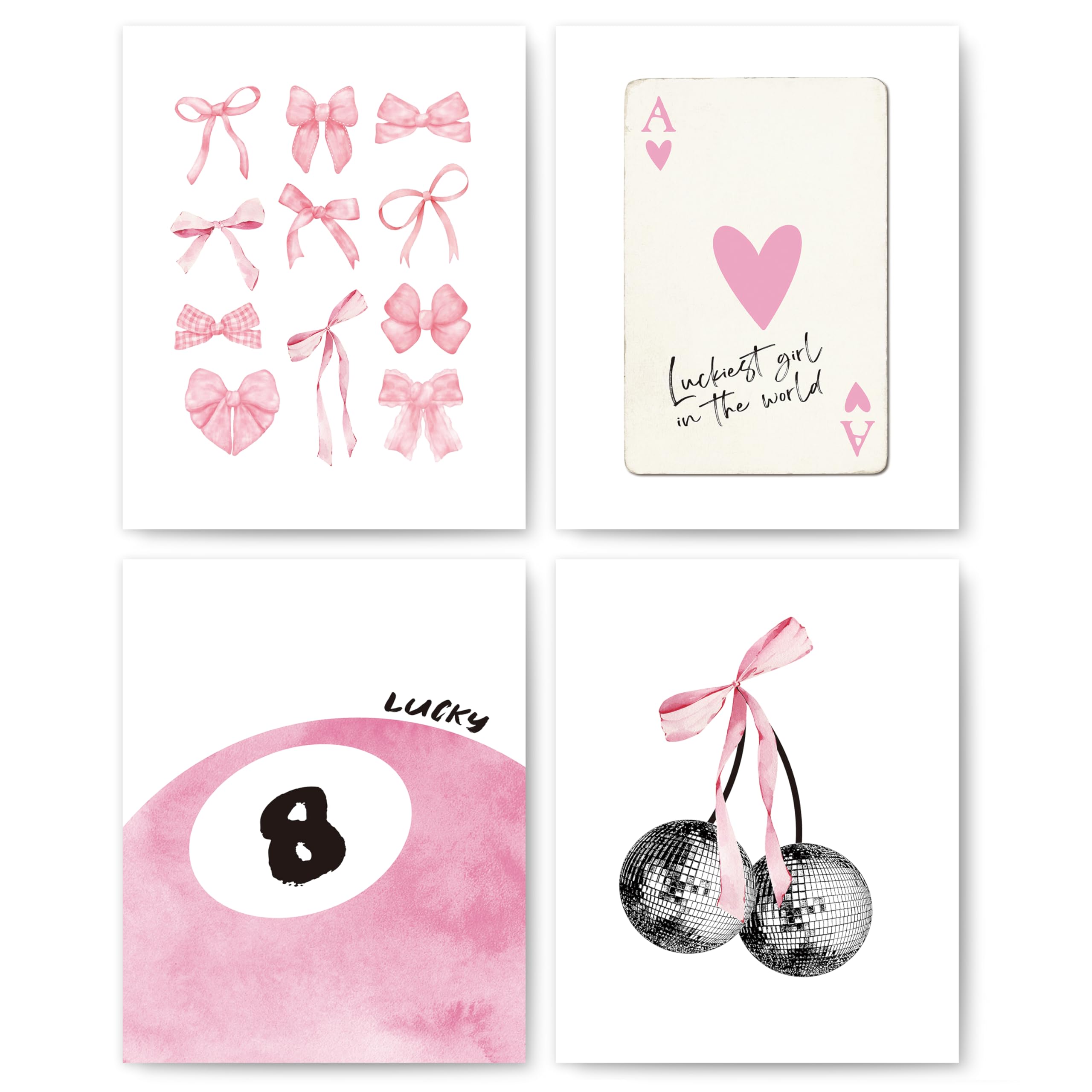 Okaxscm Pink Coquette Trendy Preppy Wall Art Prints Set Of 4, Coquette Room Decor, Preppy Room Decor Aesthetic, Pink Bow Disco 8