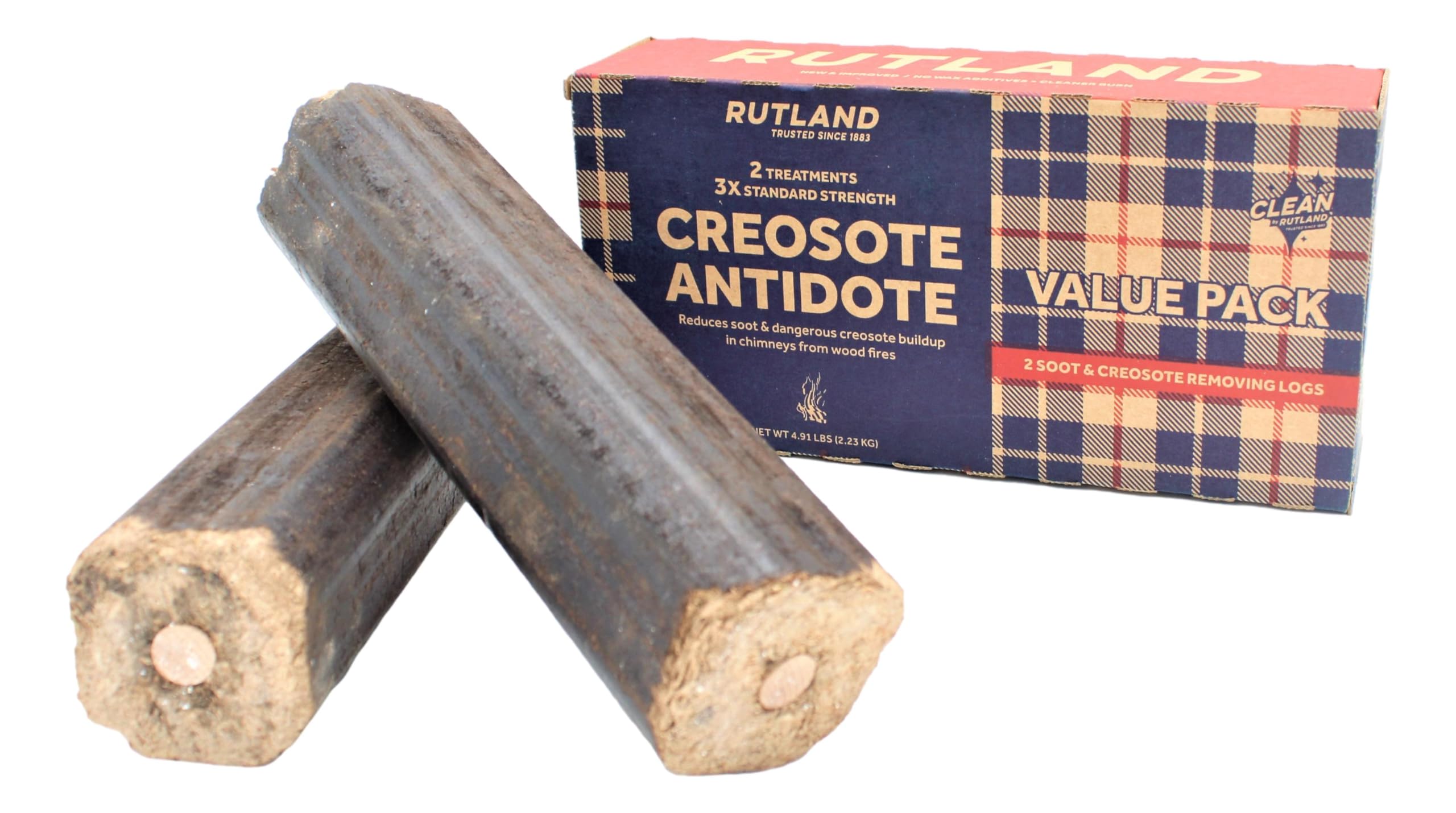 Rutland Creosote Antidote, Chimney Cleaning Fire Logs, 2-Pack Creosote Sweeping Firelogs, 2.45 Lbs Each Treatment