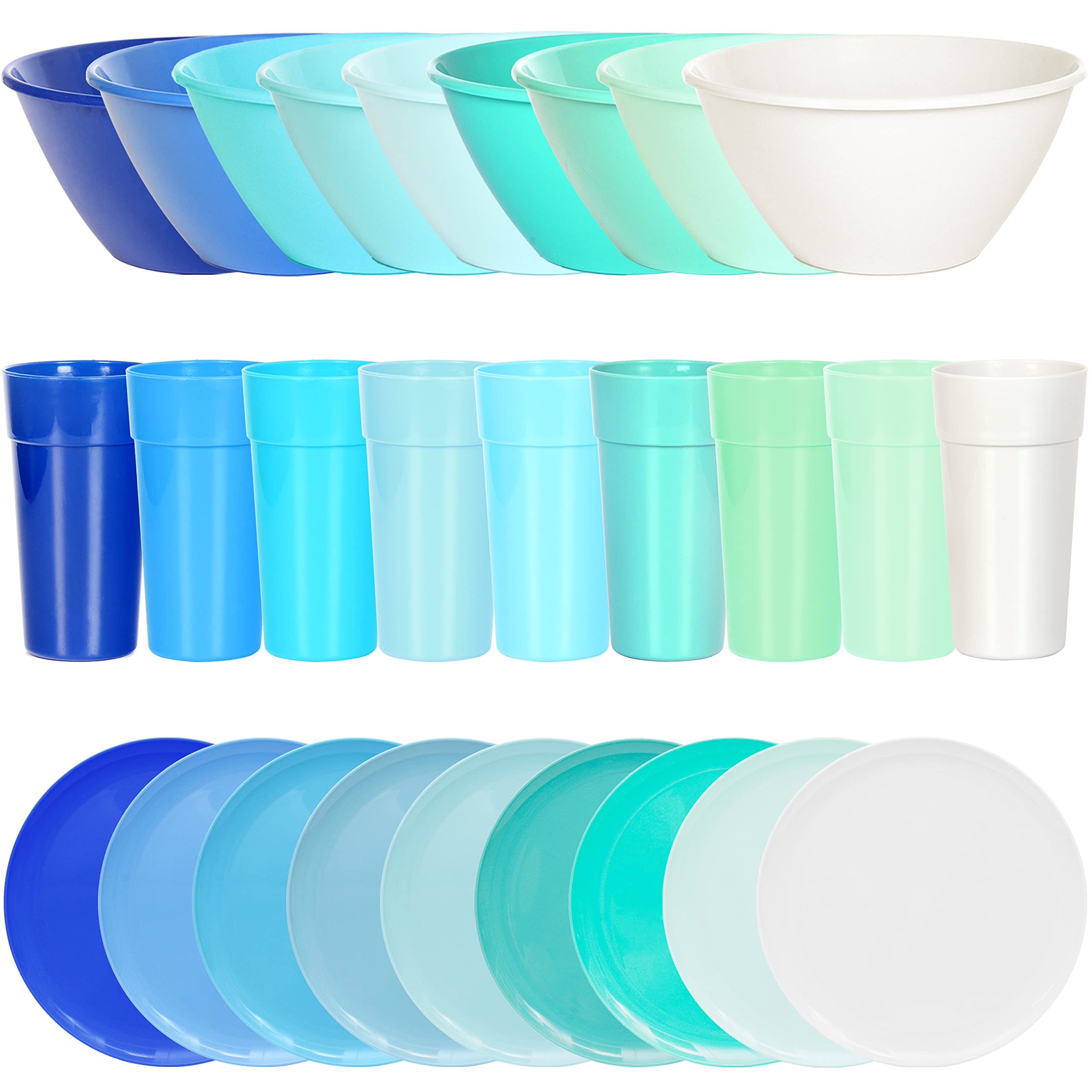 Youngever 18 Piece Plastic Kitchen Dinnerware Set, Plates, Dishes, Bowls, Cups, Service For 6 (Coastal Colors)