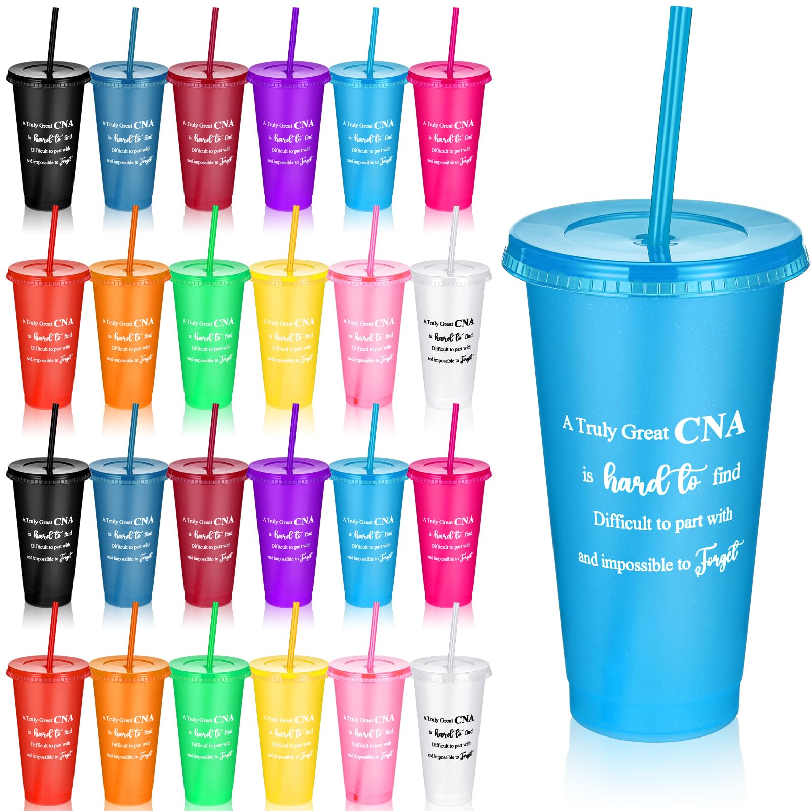 Skylety 12 Set Cna Appreciation Gift 24 oz Thank You Party Gift Supplies Tumbler Plastic Coffee Cups with Straws and Lids for Bi