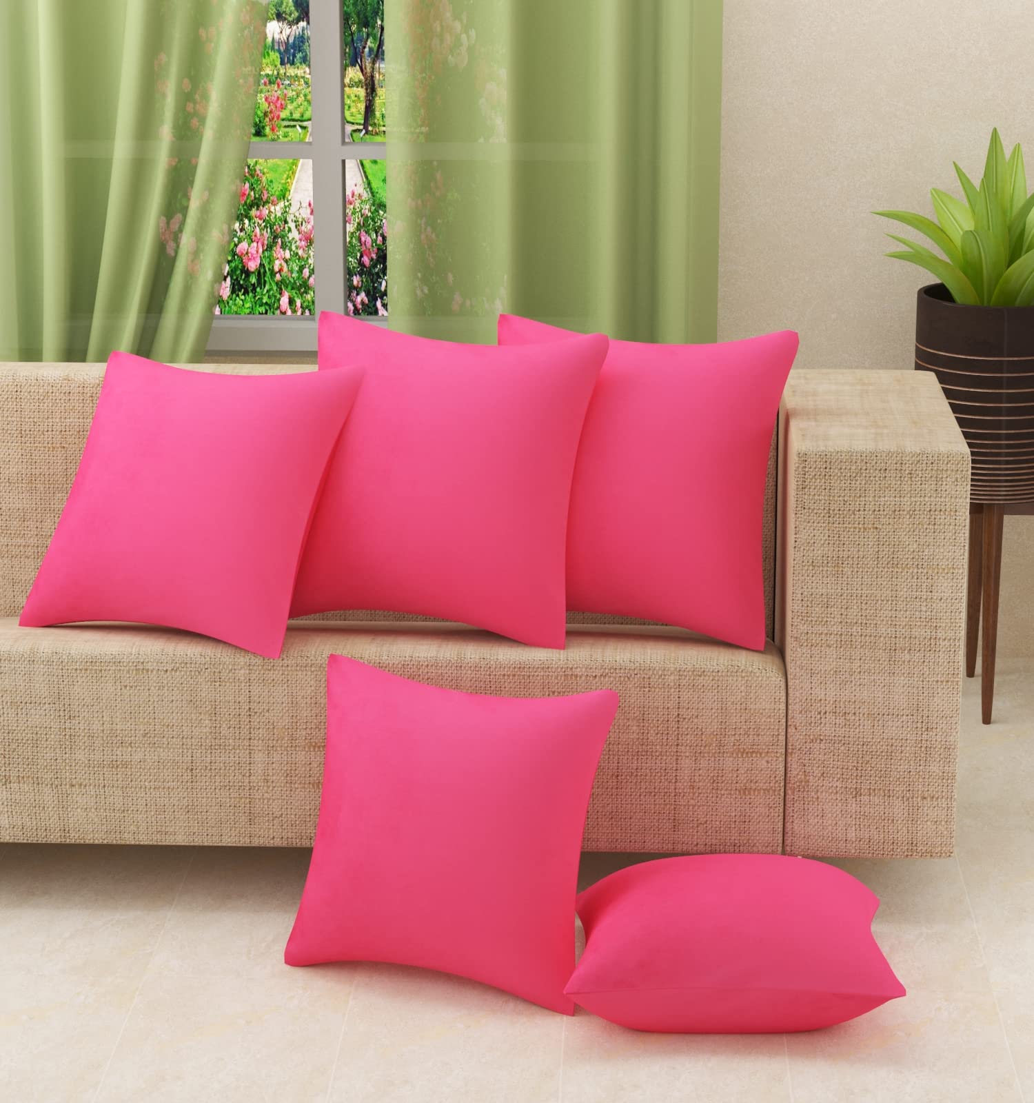 Stuffique Velvet Pillow Solid Plain Cushion Covers Set Of 5 (16 X 16 Inch) (Pink)