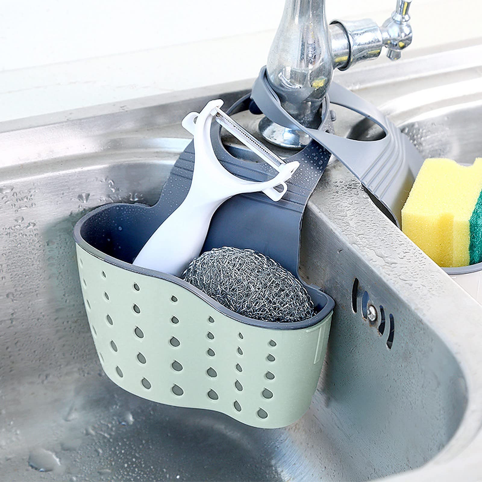 Wolpin Multipurpose Plastic Kitchen Sink Organizer Corner Tray Wash Basin Storage Organiser Rack (Large, Blue)