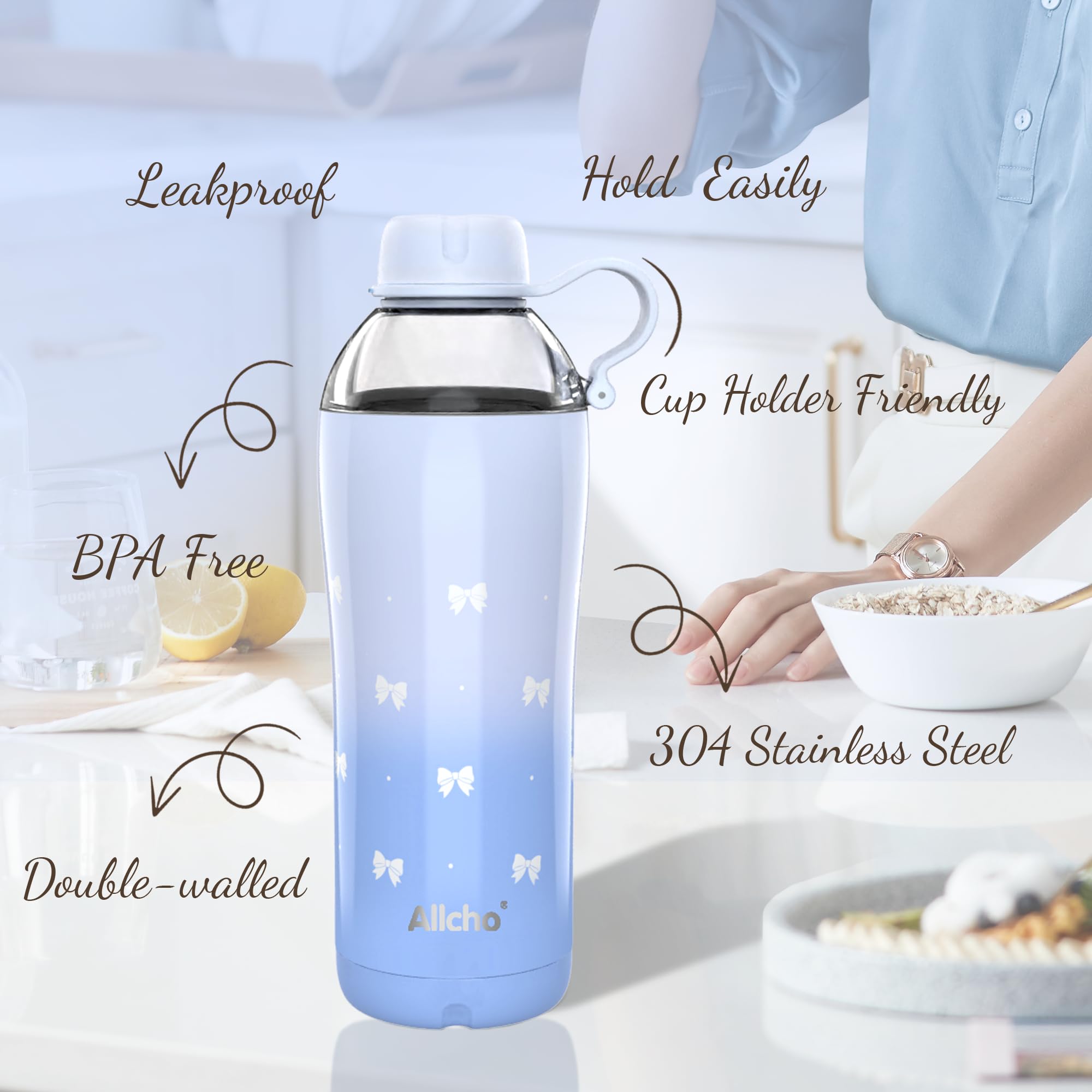 Allcho Bow Insulated Water Bottle for Women, 18 oz Stainless Steel Water Bottles, Double Walled, 2 Lids (Chug & Tumbler) - Hydra