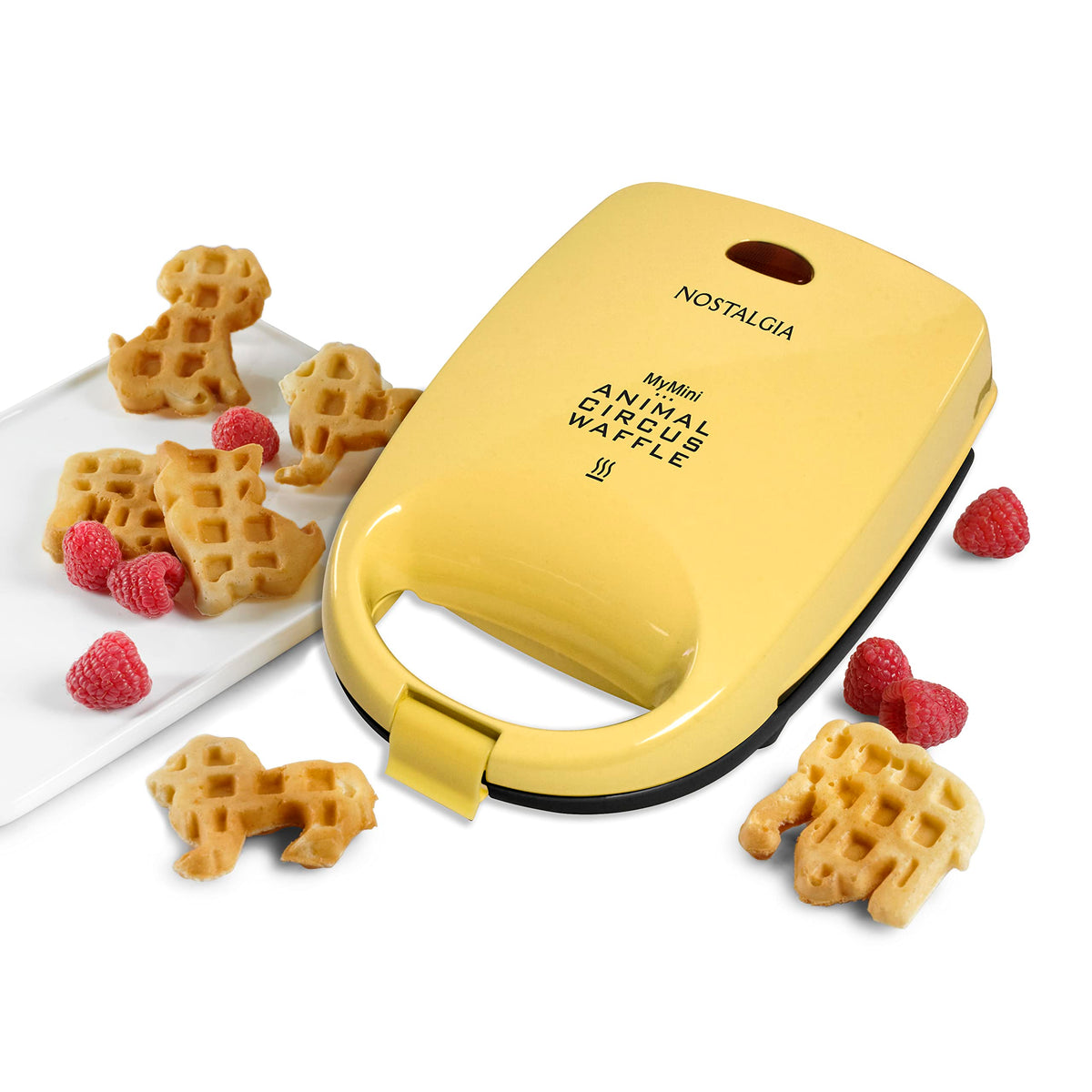 Nostalgia Mymini Personal Electric Animal Circus Waffle Maker, Waffle Iron Makes Cat, Dog, Elephant, Lion, Yellow
