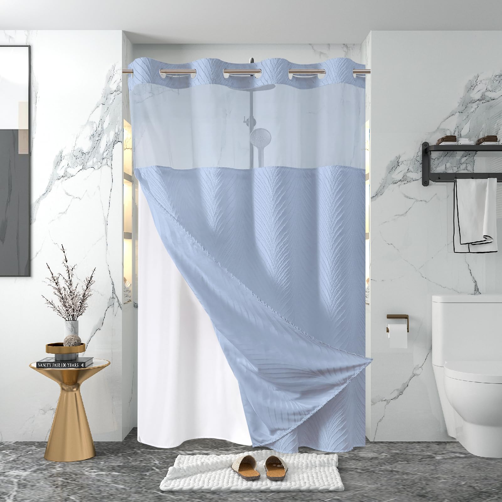 Eachope Stall No Hook Tufted Shower Curtain With Snap In Liner Set, White Waterproof Fabric Inner Liner,Boho Style Shower Curtai