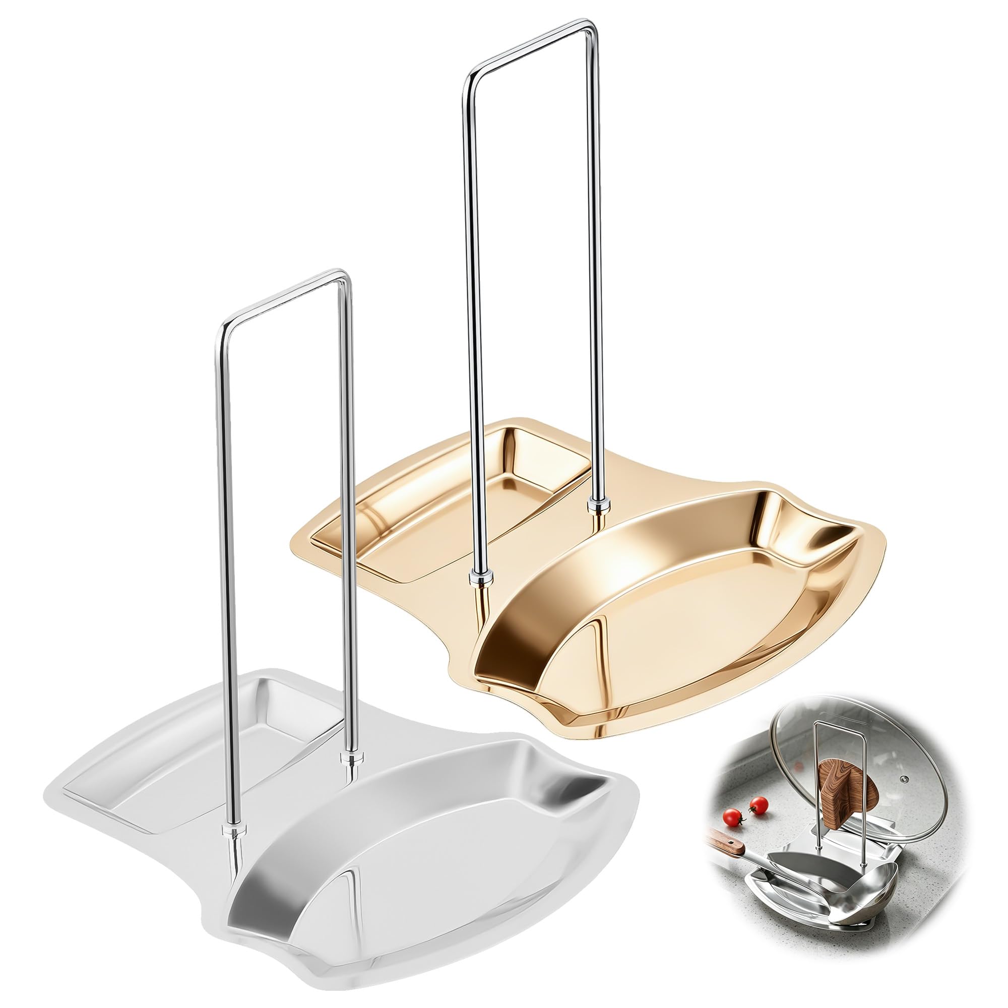 SYCOUIE 2 Pack Lid and Spoon Rest, Stainless Steel Kitchen Pot Lid Holder for Pot Cover, Cutting Board, Spatula and Ladle (Gold 