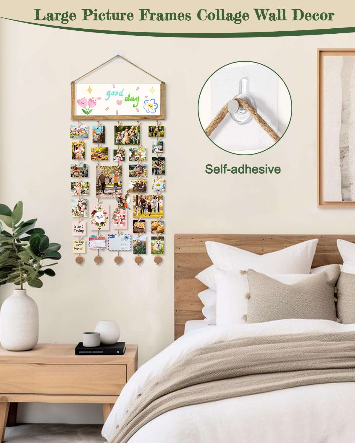 Bikoney Rustic Collage Photo Display Wall Decor with Happy Birthday Banner, Gift Card Storage and 30 Clips for Dorm Room, Bedroo
