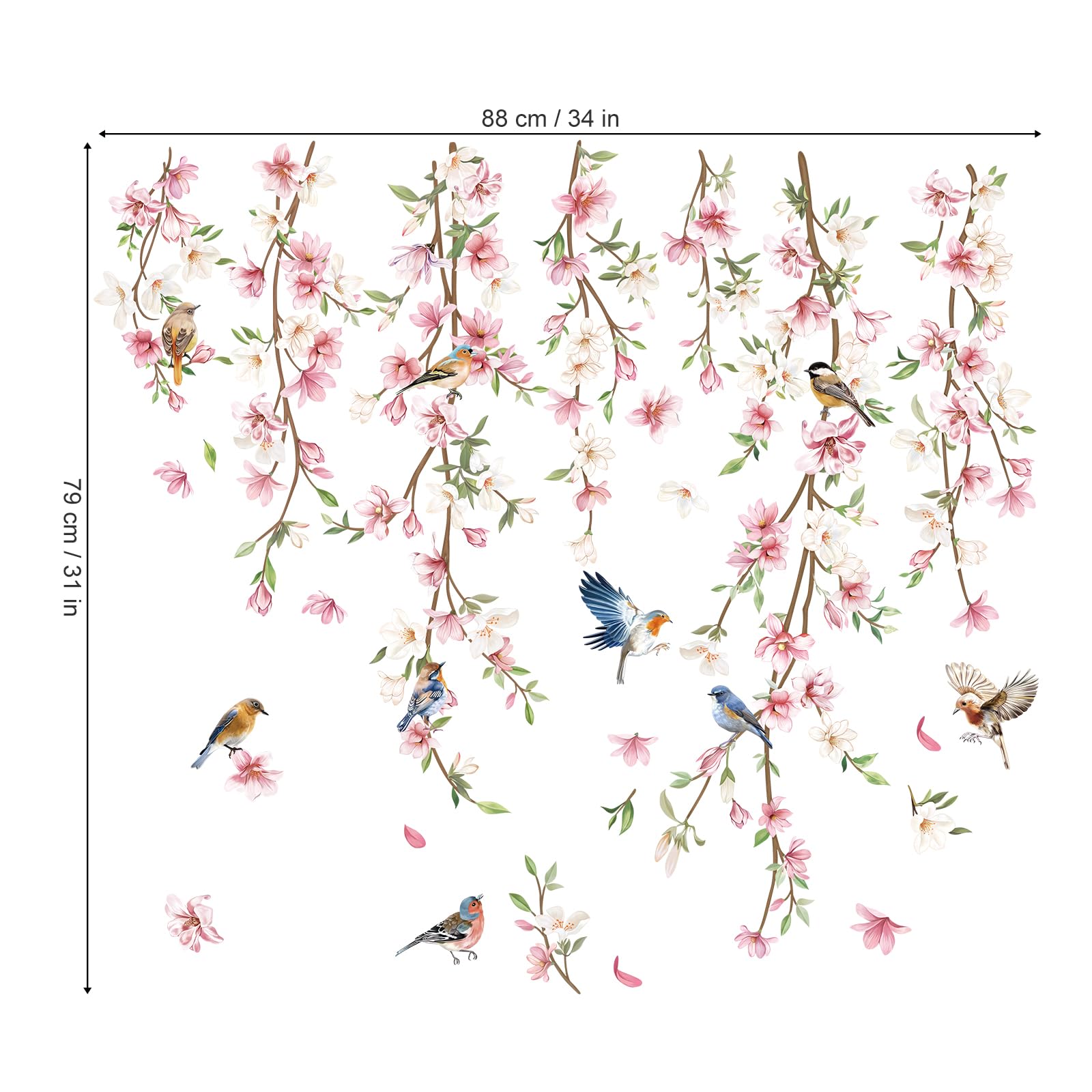Decalmile Hanging Flower Vine Wall Decals Pink Floral Leaves Birds Wall Stickers Bedroom Living Room Sofa Tv Background Wall Dec