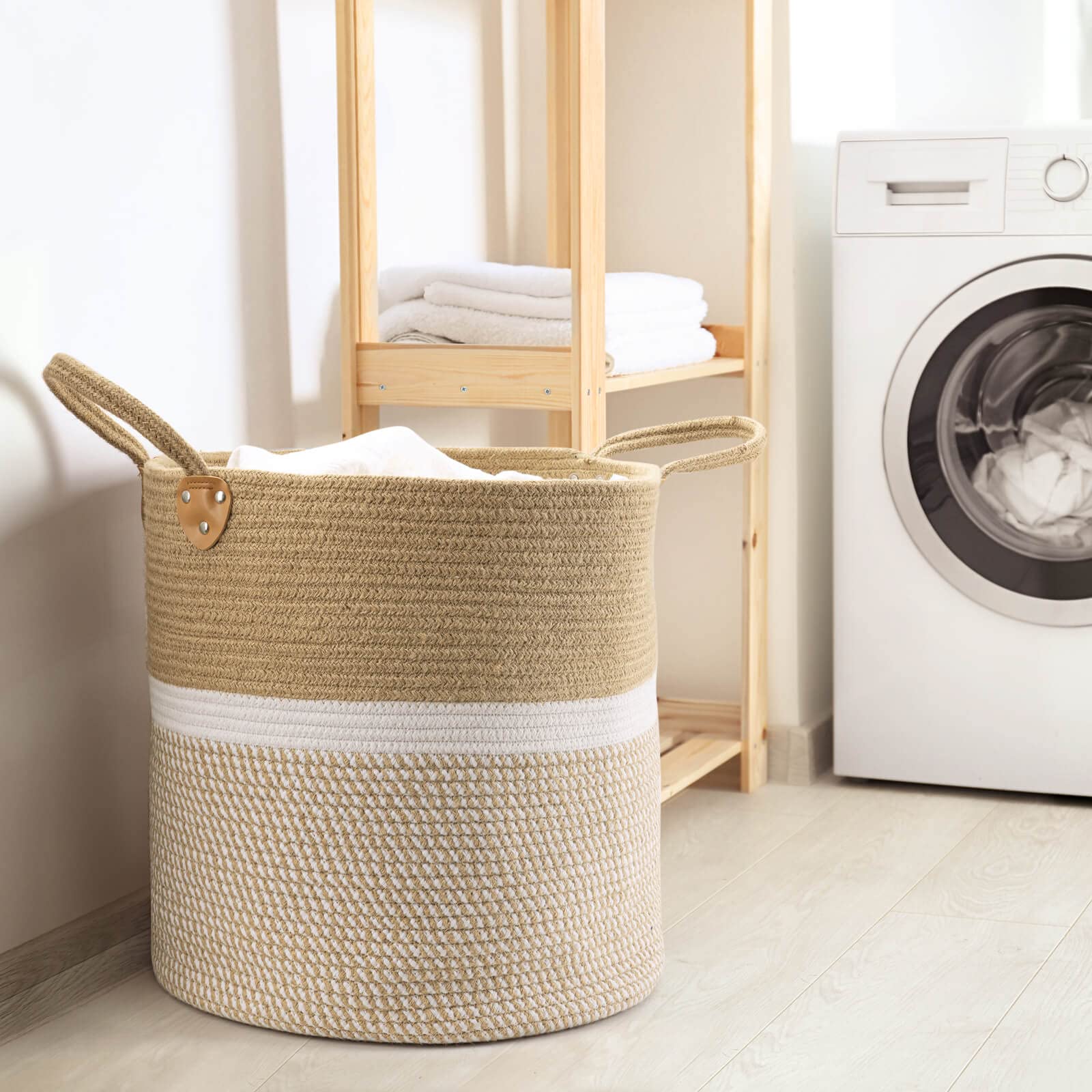 CHICVITA Extra Large Jute Basket Woven Storage Basket with Handles - Laundry Basket Toy Towels Blanket Basket Home Decor Gift  16'' x 16''  White