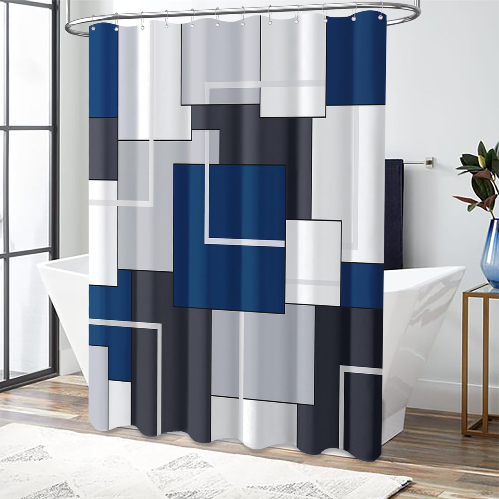 Bttn Navy Blue Fabric Shower Curtain - Geometric Water Repellent Shower Curtain Set, Machine Washable, Modern Decorative Polyest